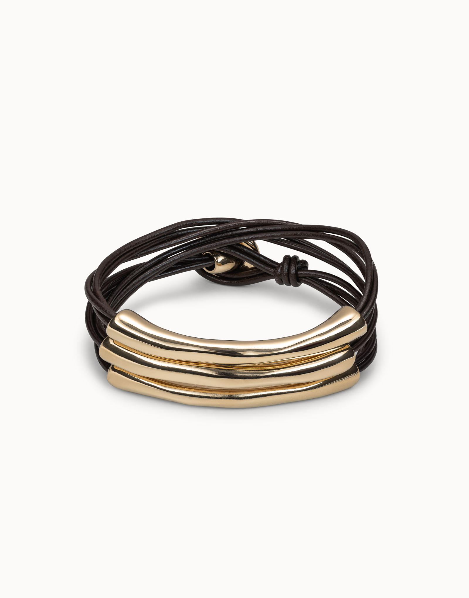 Gold-plated brown leather three strand bracelet, Golden, large image number null