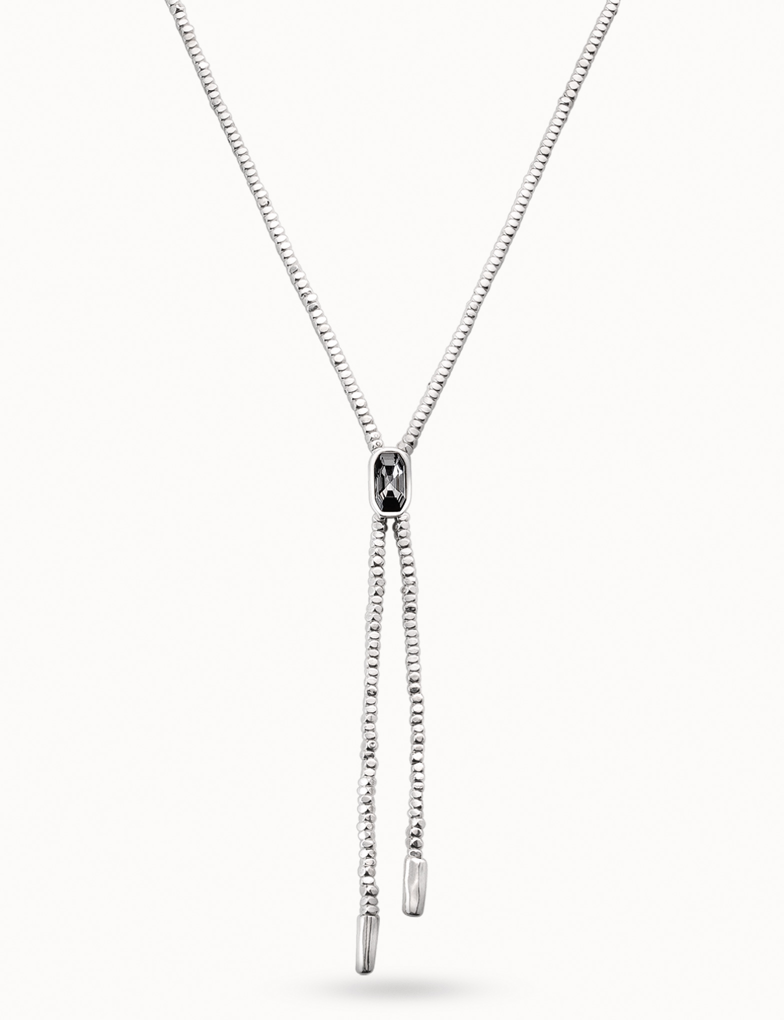 Sterling silver-plated long whip necklace with small beads and gray crystal, Silver, large image number null