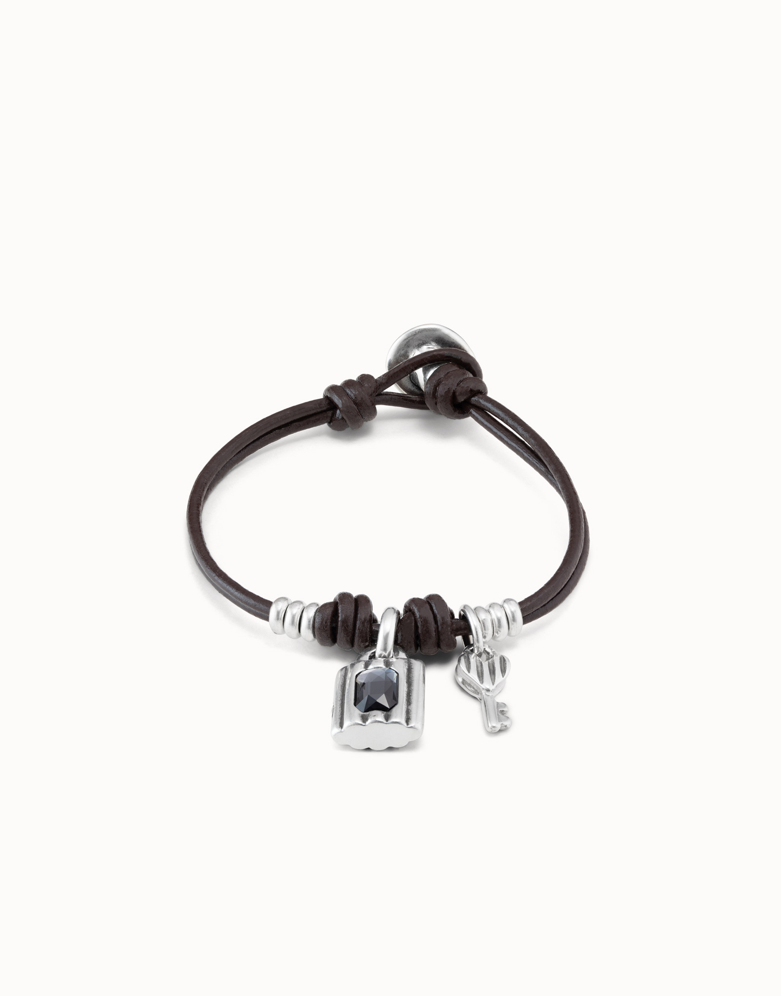 Sterling silver-plated bracelet with leather straps and padlock and key charms, , large image number null