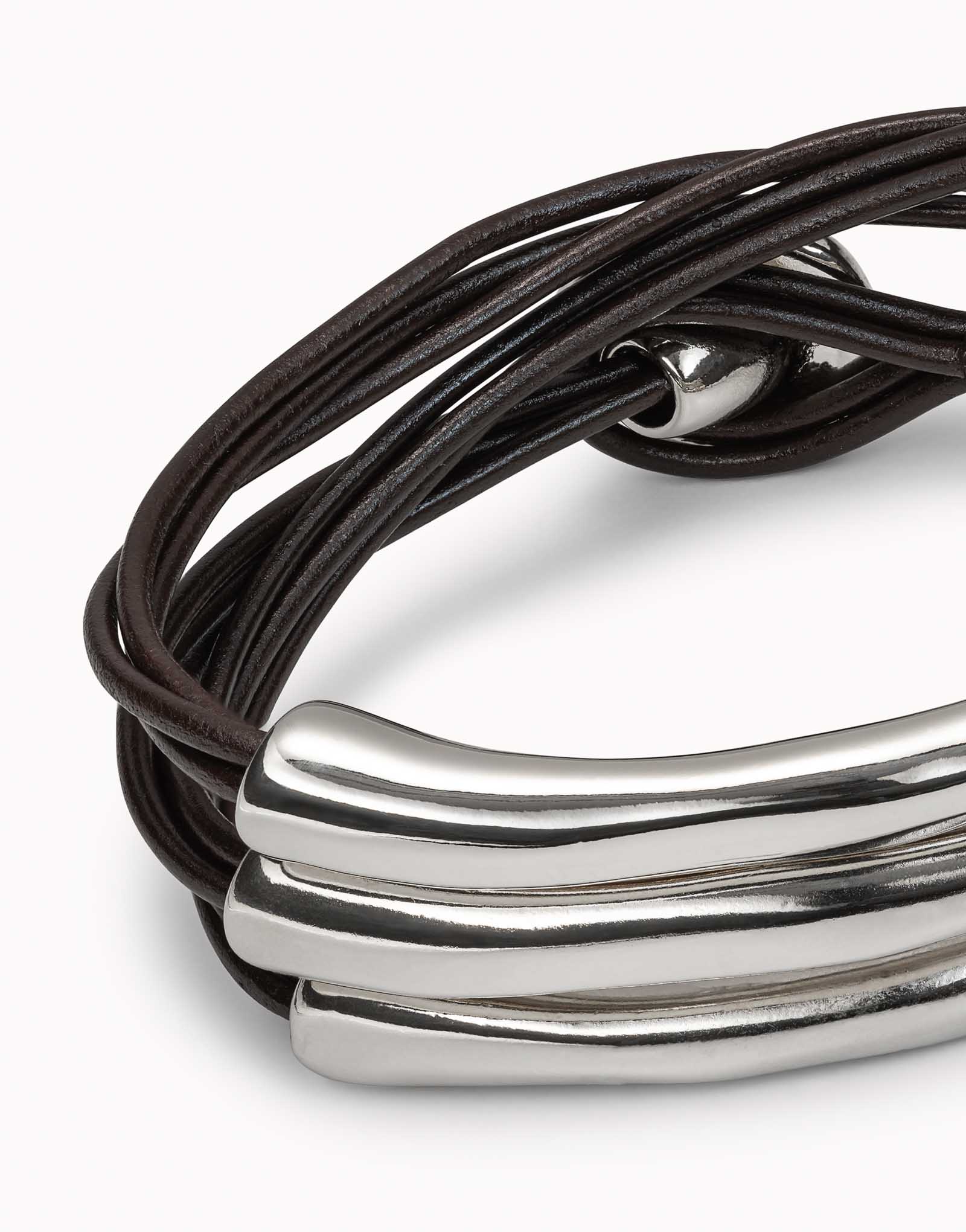 Brown leather three strand bracelet with sterling silver-plated details, Silver, large image number null