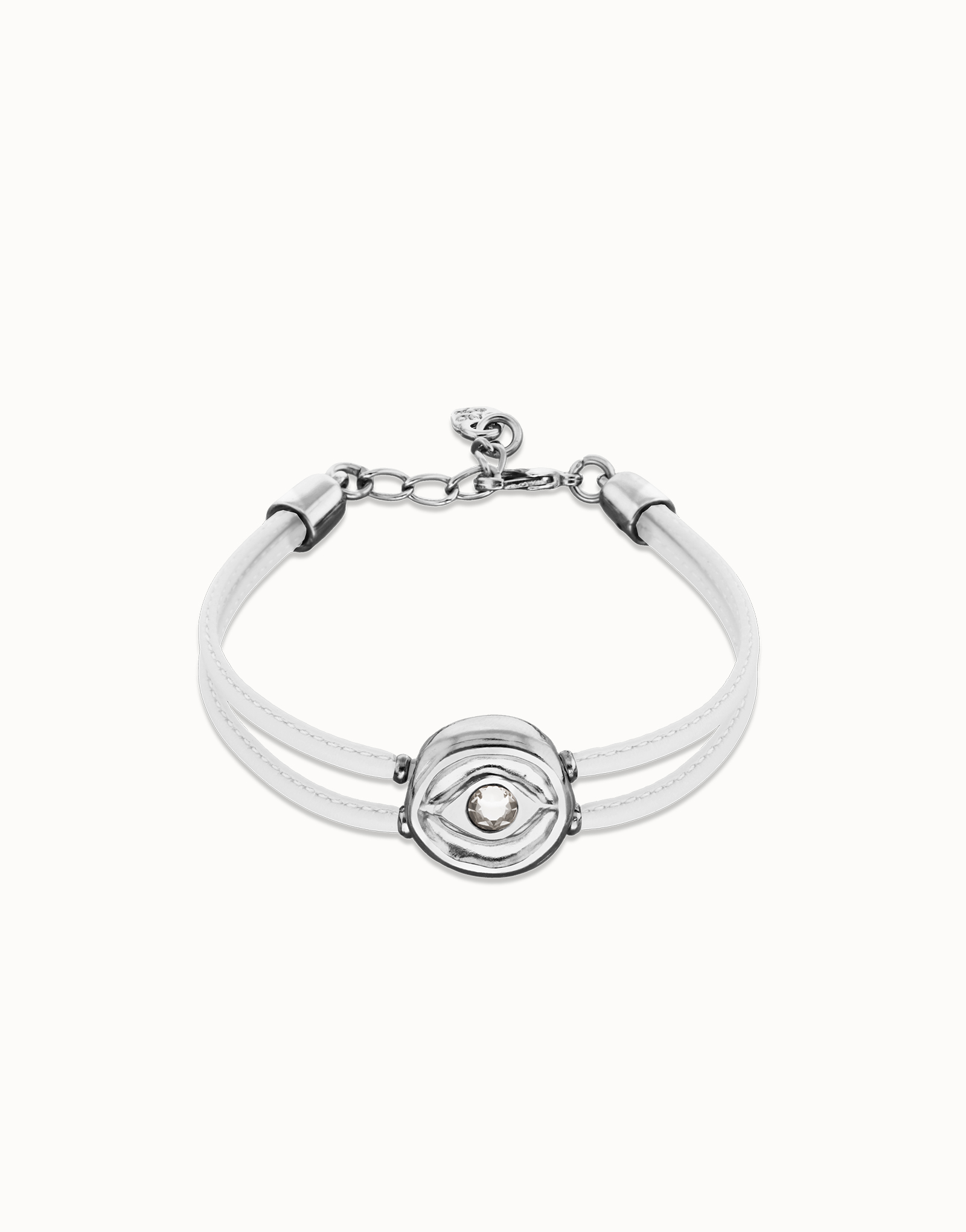 Double white leather birthstone bracelet with eye, Silver, large thumbnail