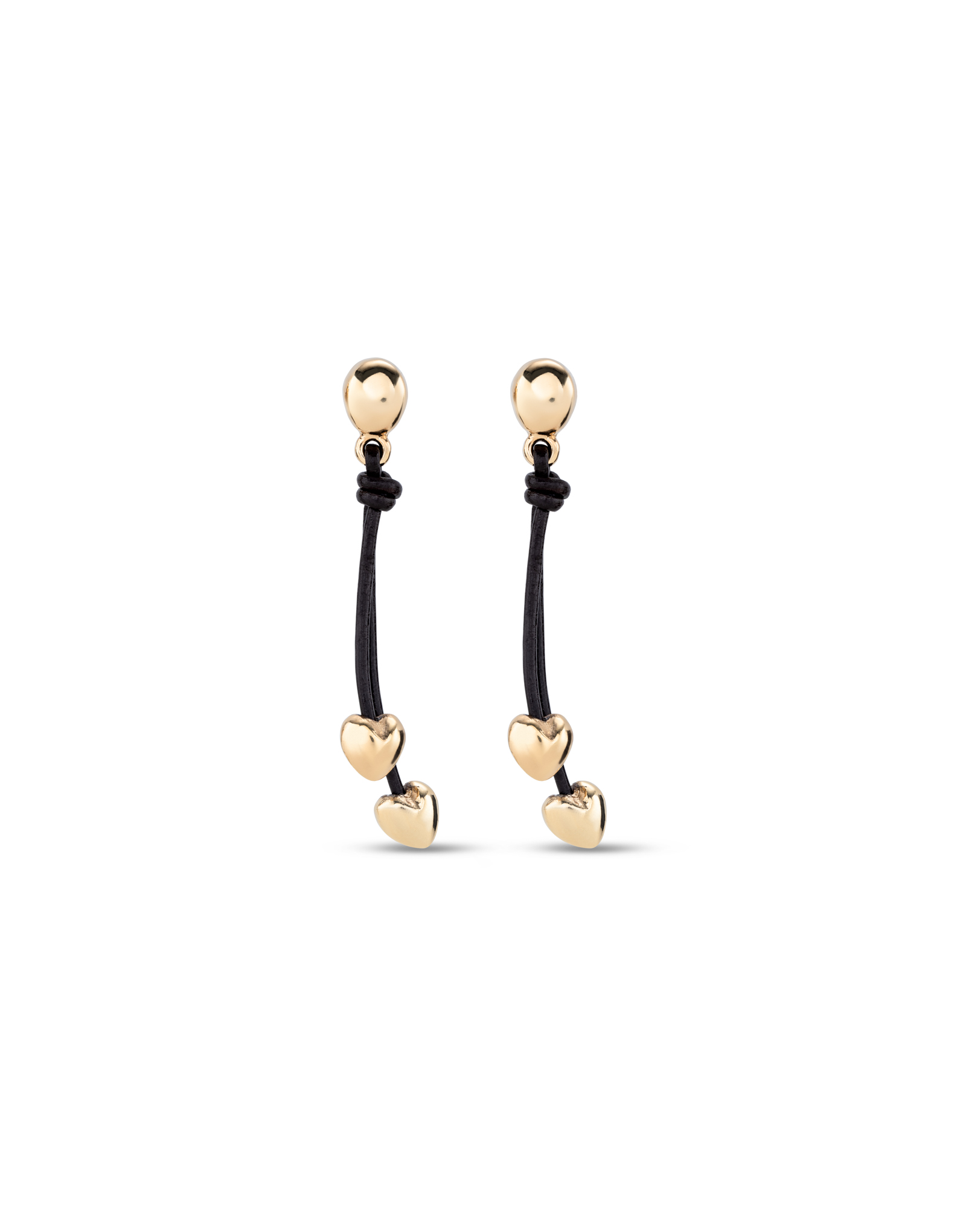 Earrings with leather chain pendant and two small 18K gold-plated hearts, Golden, large image number null