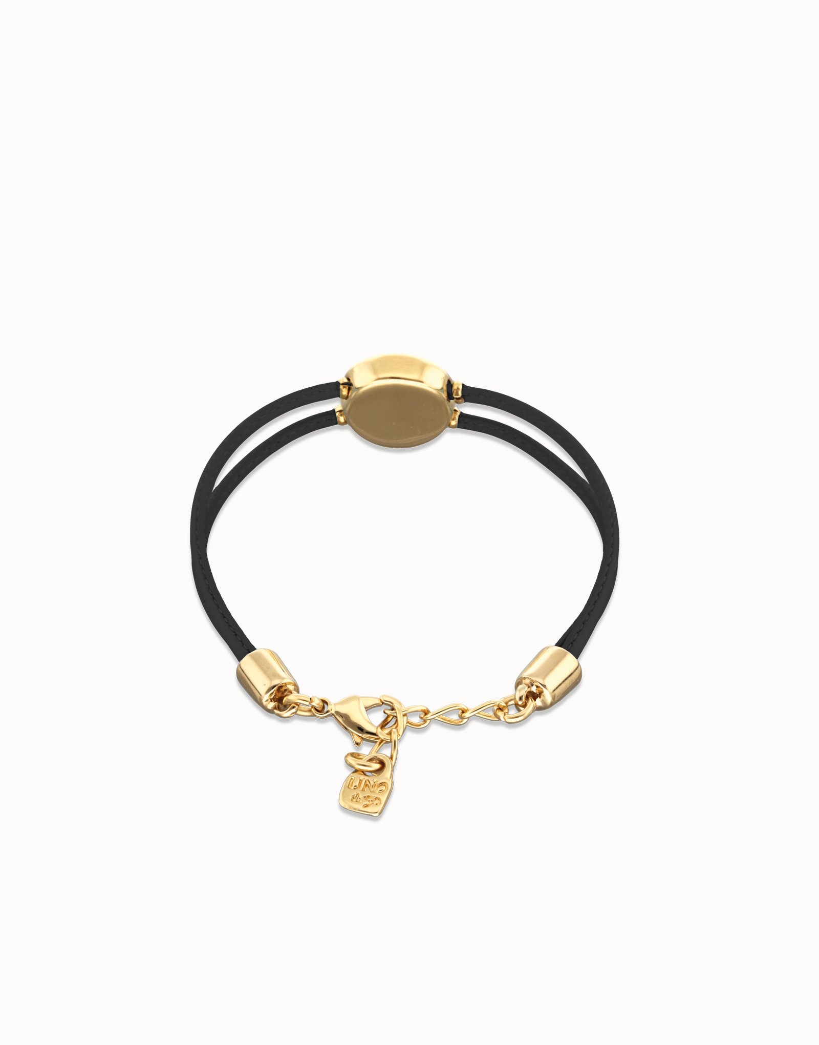 Pulsera doble de cuero negro con ojo bañado en oro 18k, Dorado, large thumbnail