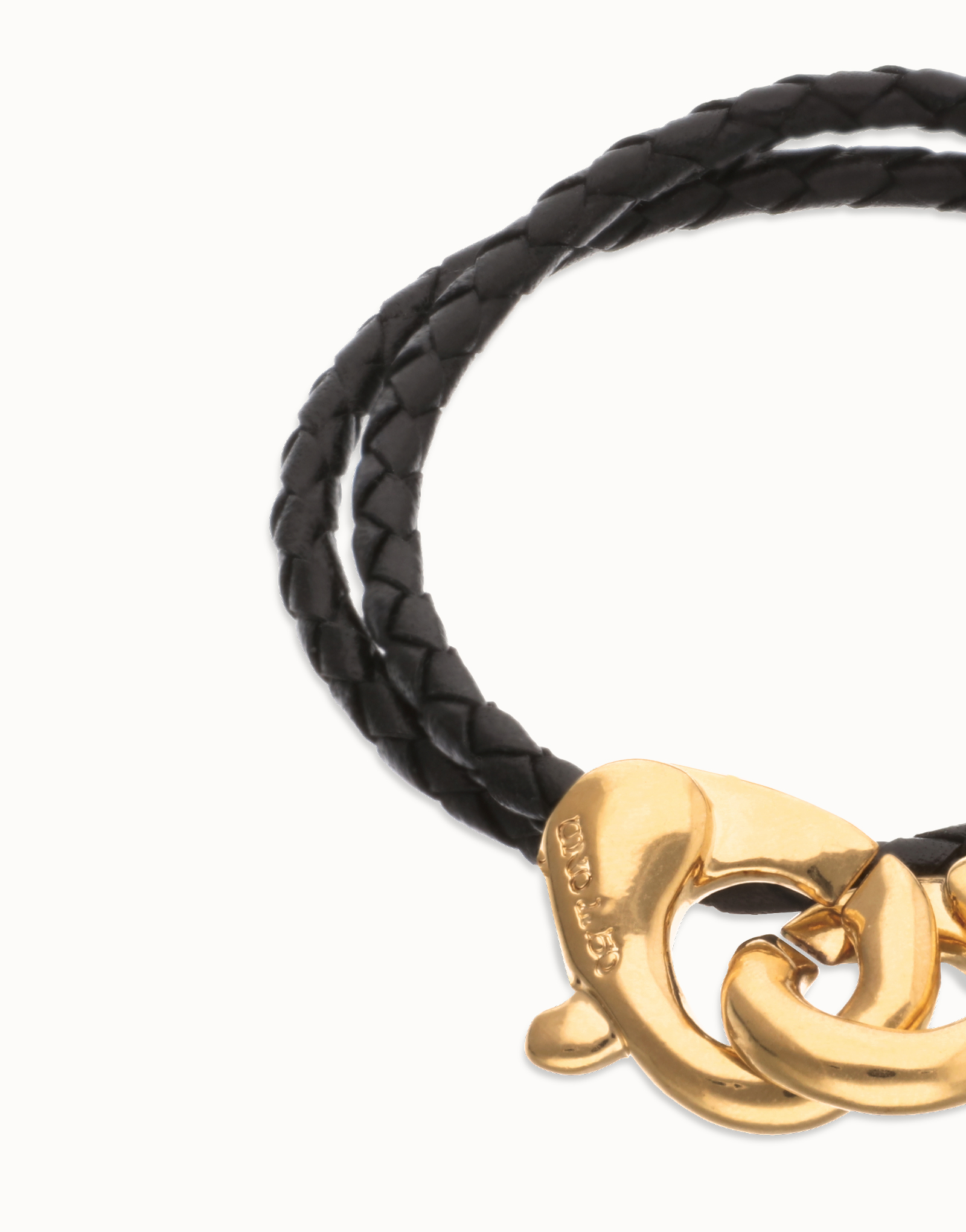 Double black leather bracelet with interlocking carabiner, Golden, large thumbnail
