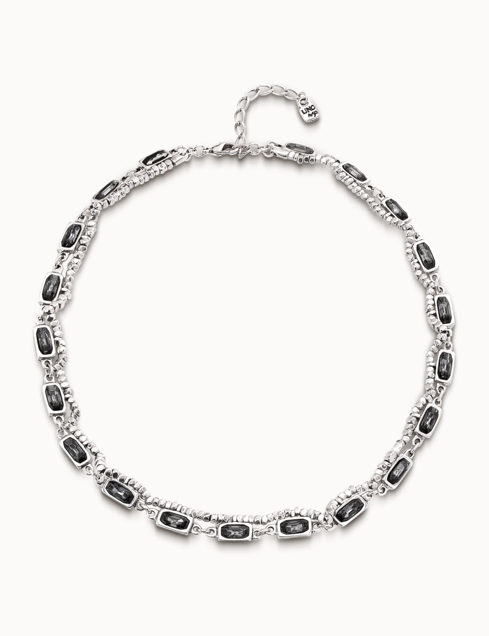 Sterling silver-plated necklace with lateral strip of small squares and 22 cases with gray crystals, Silver, large image number null