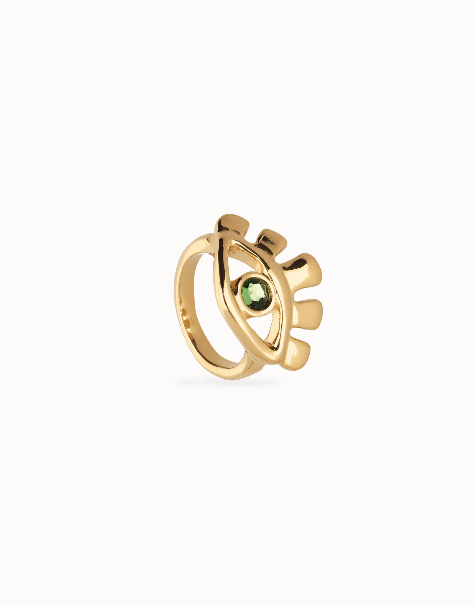 Anillo bañado en oro 18k en forma de ojo con cristal facetado verde, Dorado, large thumbnail
