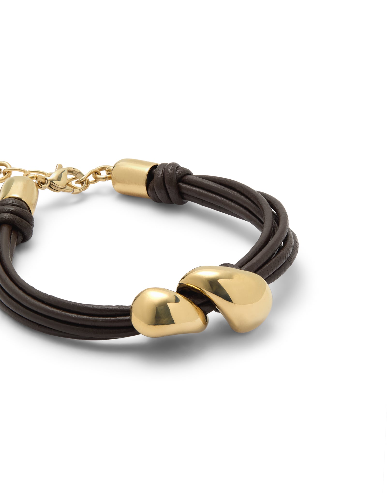 Pulsera en cuero con dos gotas ba&ntilde;adas en oro