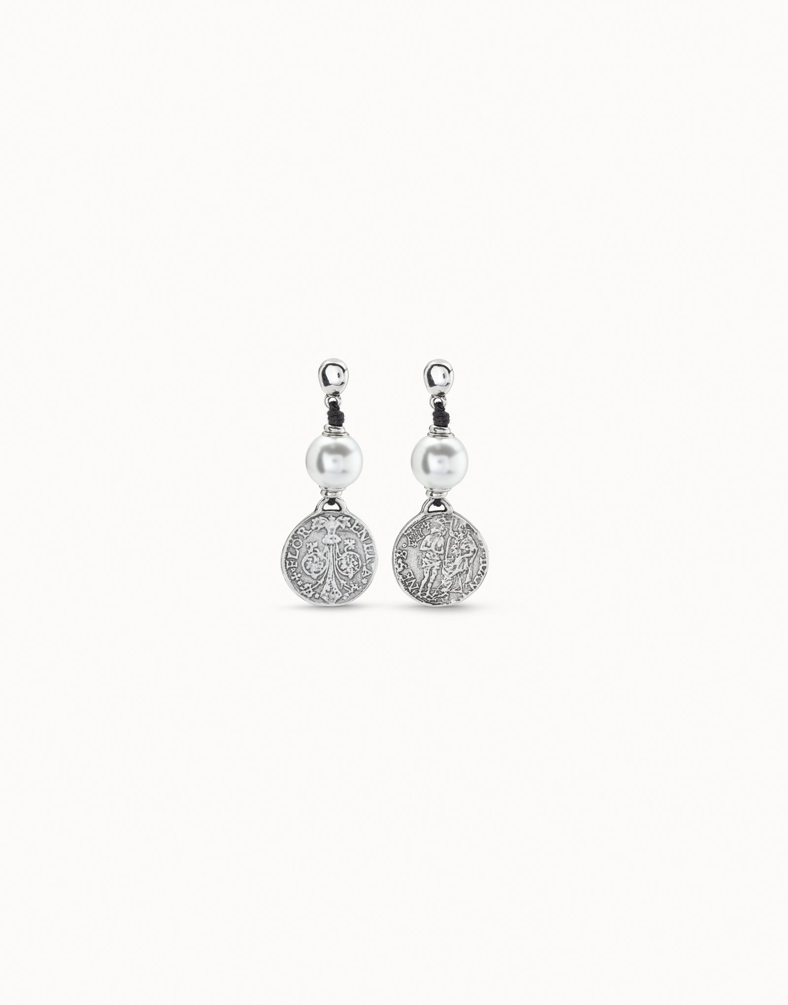 Sterling silver-plated leather earrings with pearl, Silver, large image number null