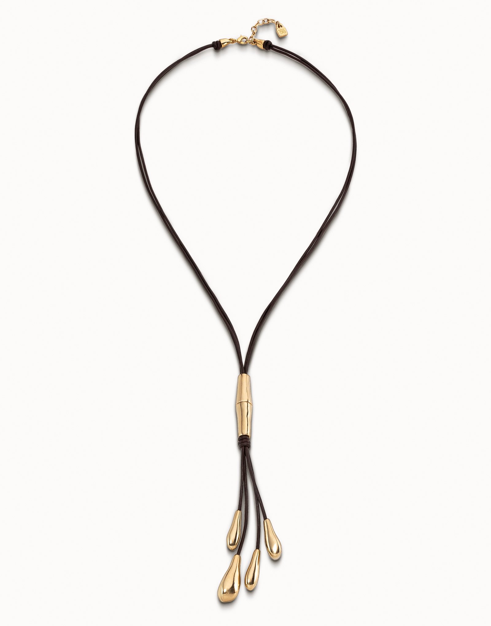 18K gold-plated long leather whip necklace with 2 tubules and 4 fringes with drops, Golden, large image number null