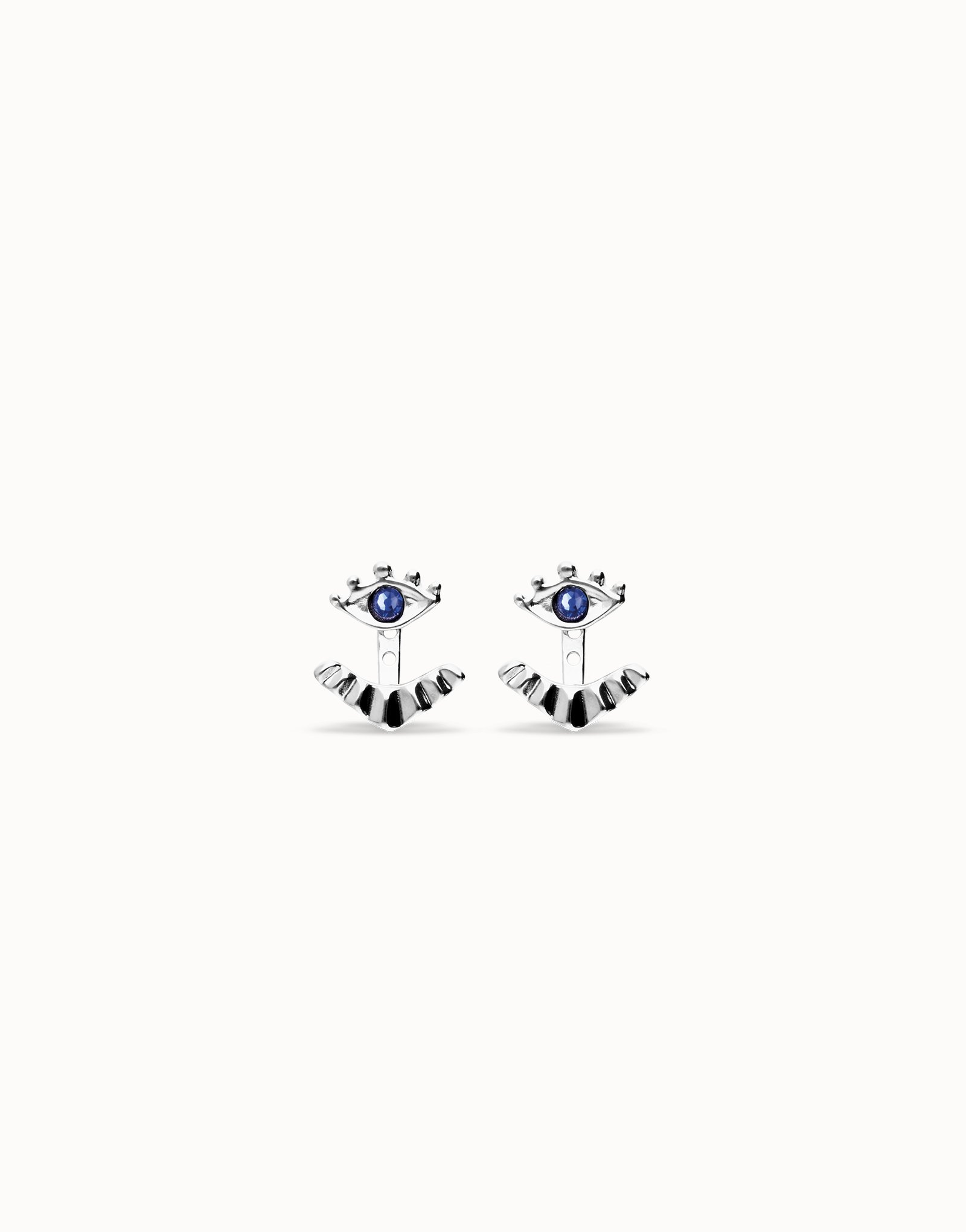 Pendientes bañados en plata en forma de ojo con pestañas y cristal facetado azul, Plateado, large thumbnail