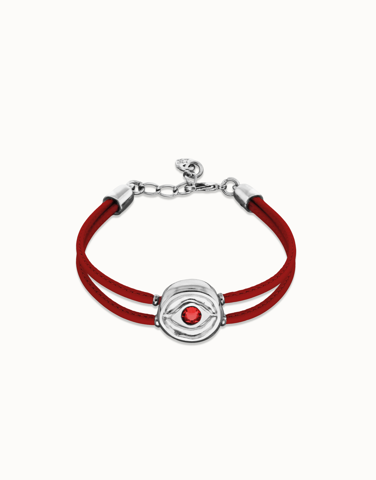 Pulsera doble de cuero rojo con ojo bañado en plata de ley, Plateado, large thumbnail