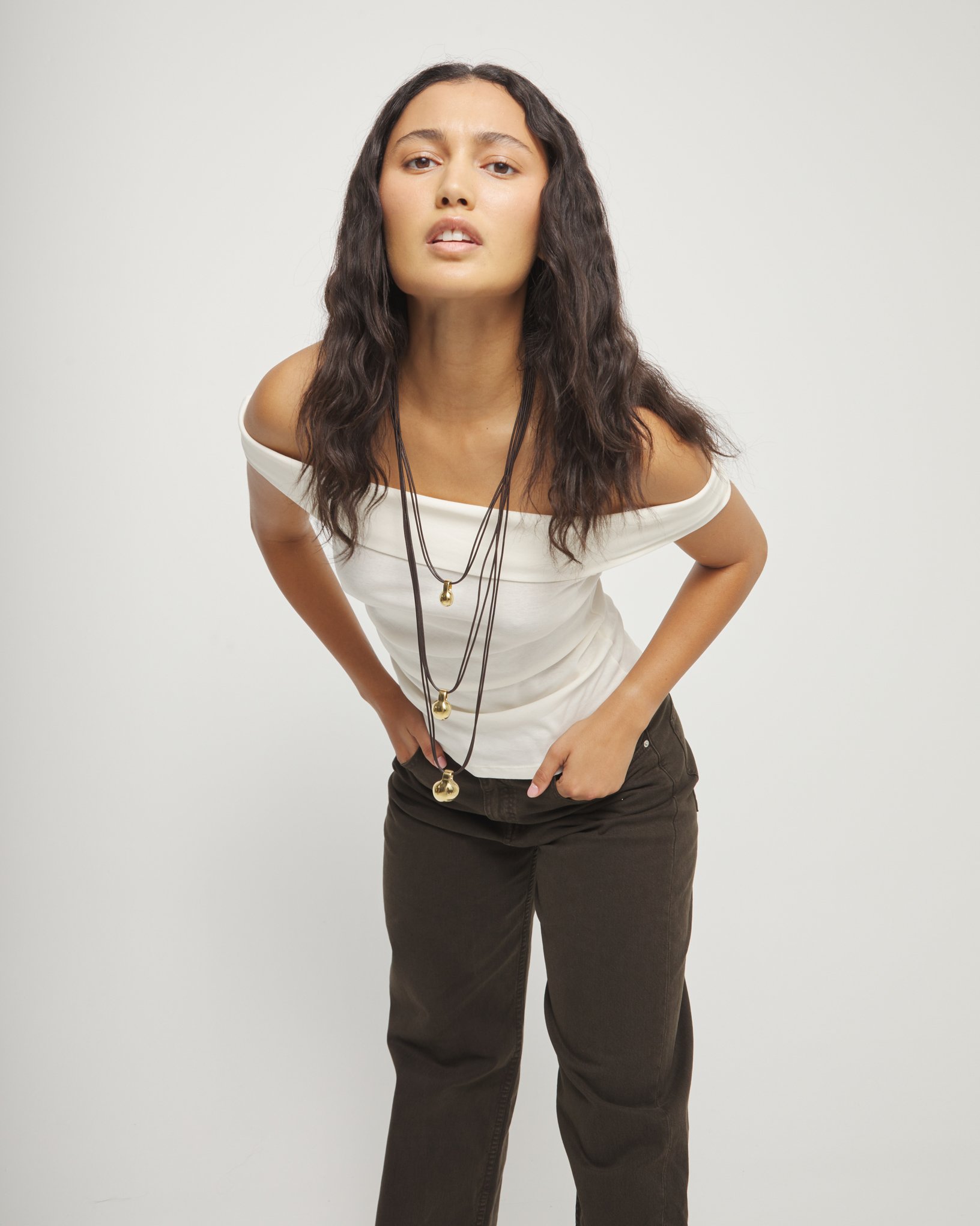 Multi strand leather necklace with three spheres thumbnail