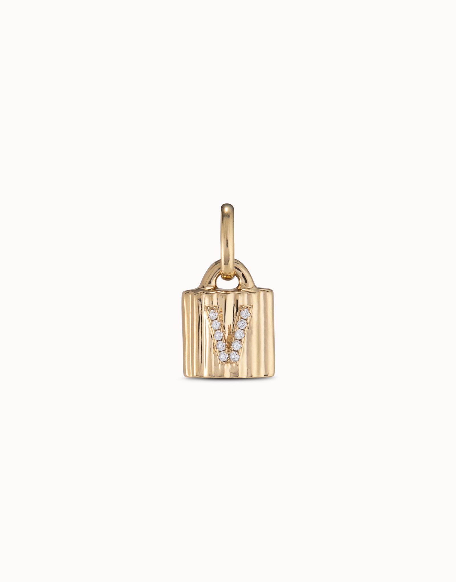 18K gold-plated padlock charm with topaz letter V, Golden, large image number null