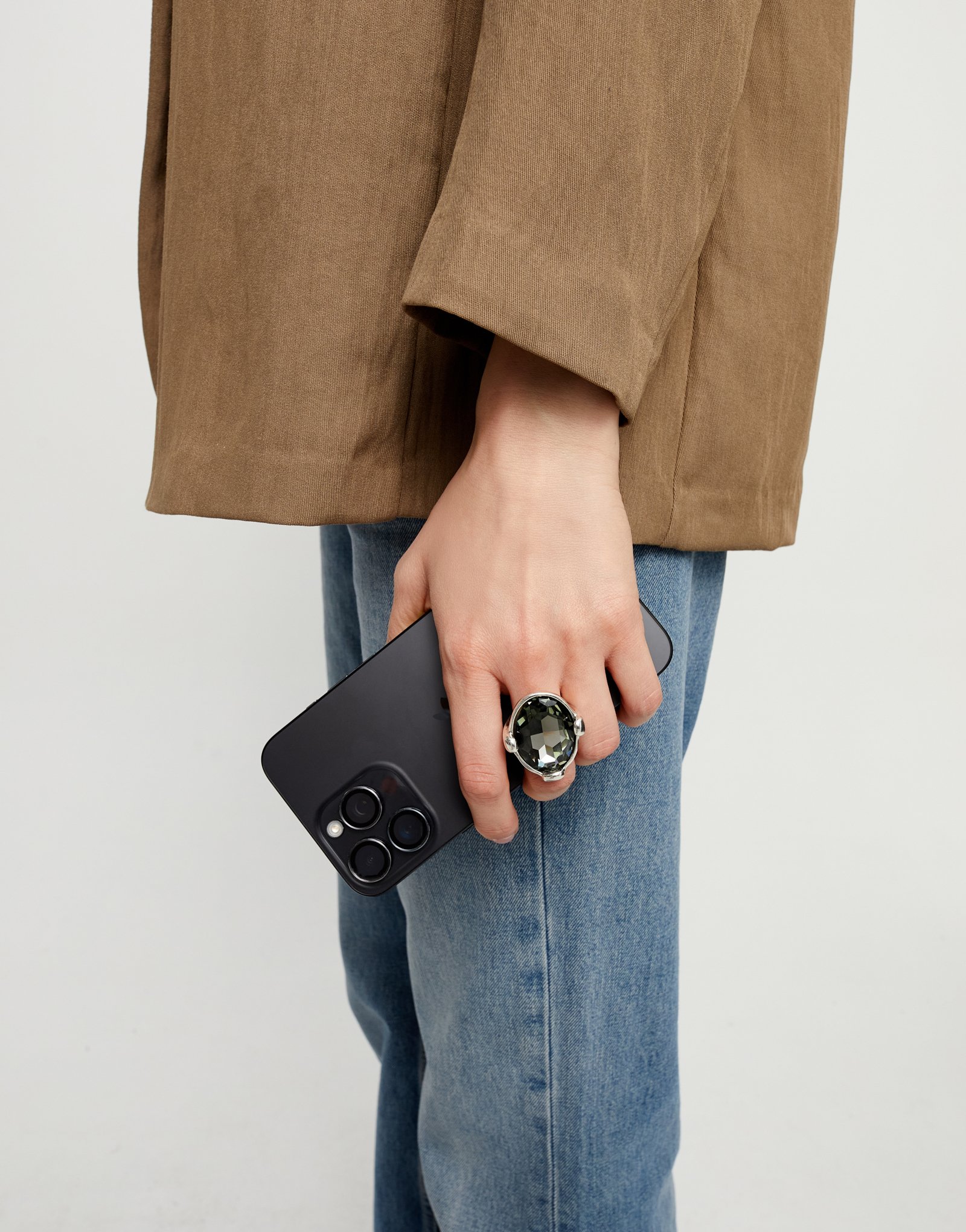 Large ring with grey oval faceted crystal, Silver, large thumbnail