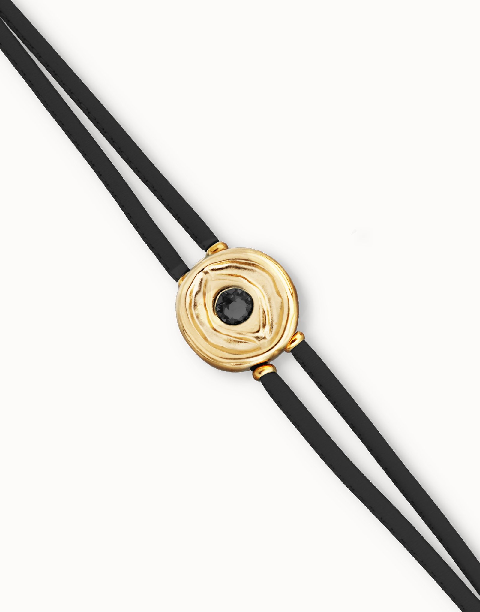 Pulsera doble de cuero negro con ojo bañado en oro 18k, Dorado, large thumbnail