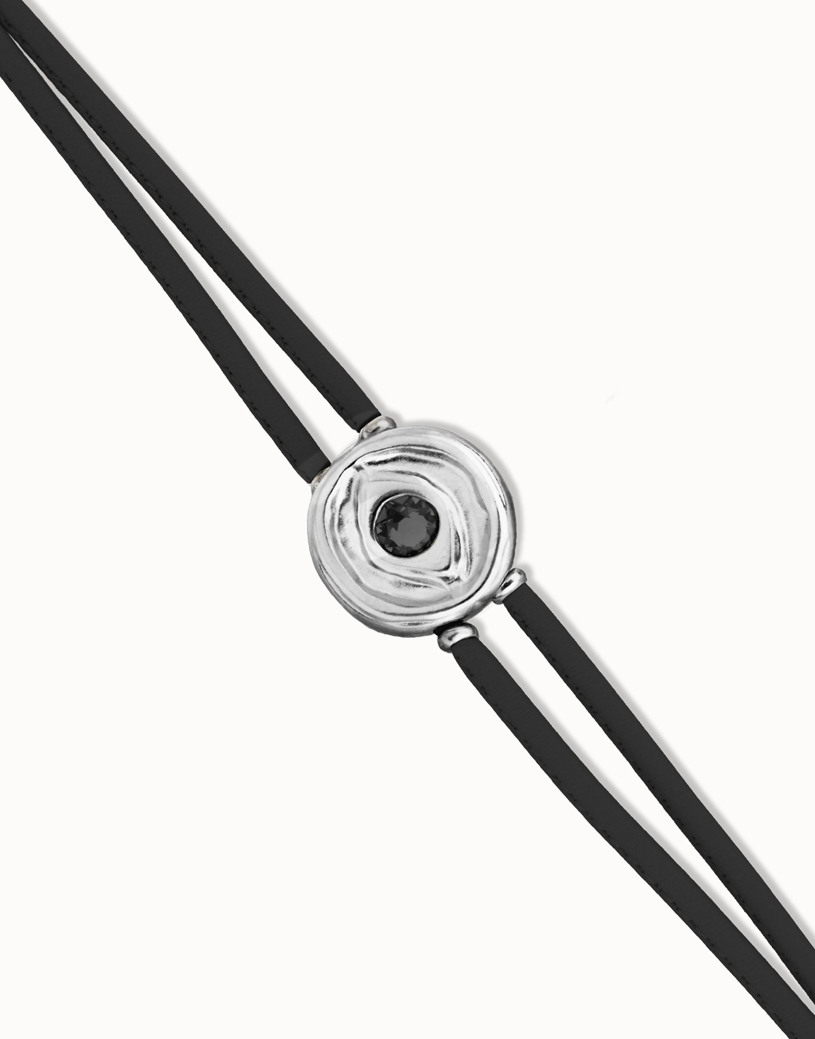 Double black leather birthstone bracelet with eye, Silver, large thumbnail