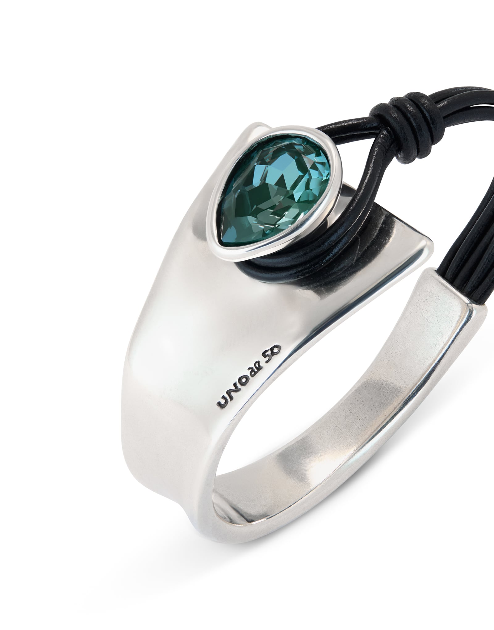 Silver semi-rigid bracelet with leather and a green drop-shaped faceted crystal