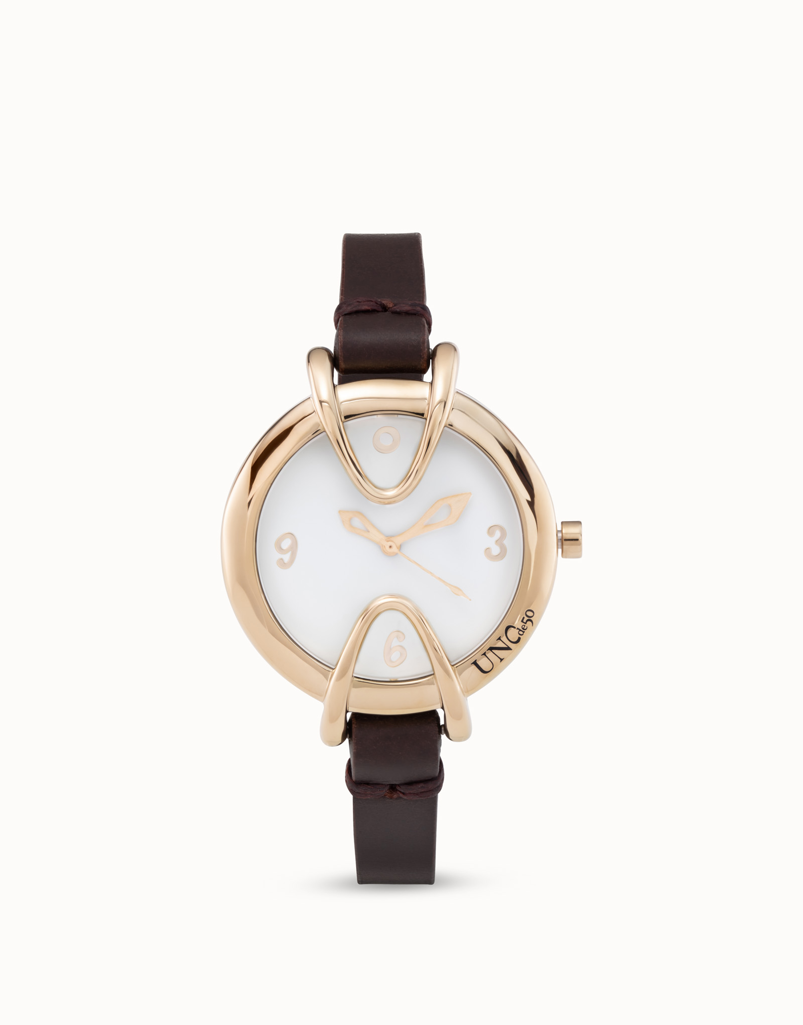 18K gold-plated watch with black leather strap and round white dial, Golden, large image number null