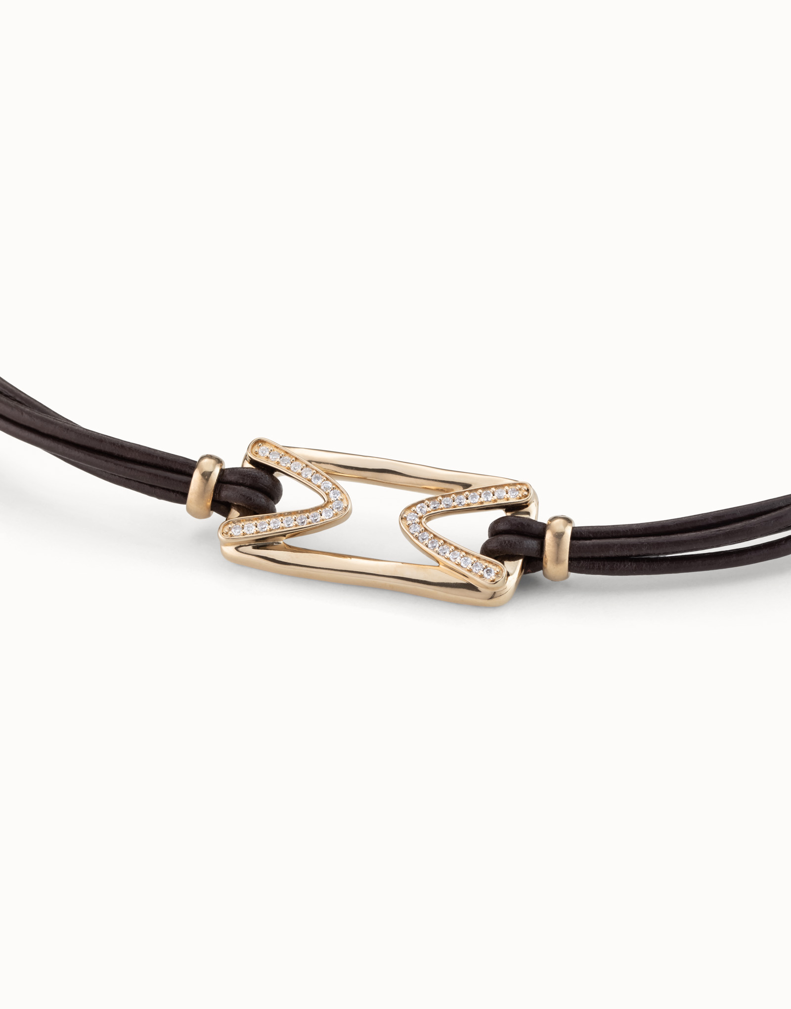 Leather bracelet with 18K gold-plated rectangular central link with topaz, Golden, large image number null