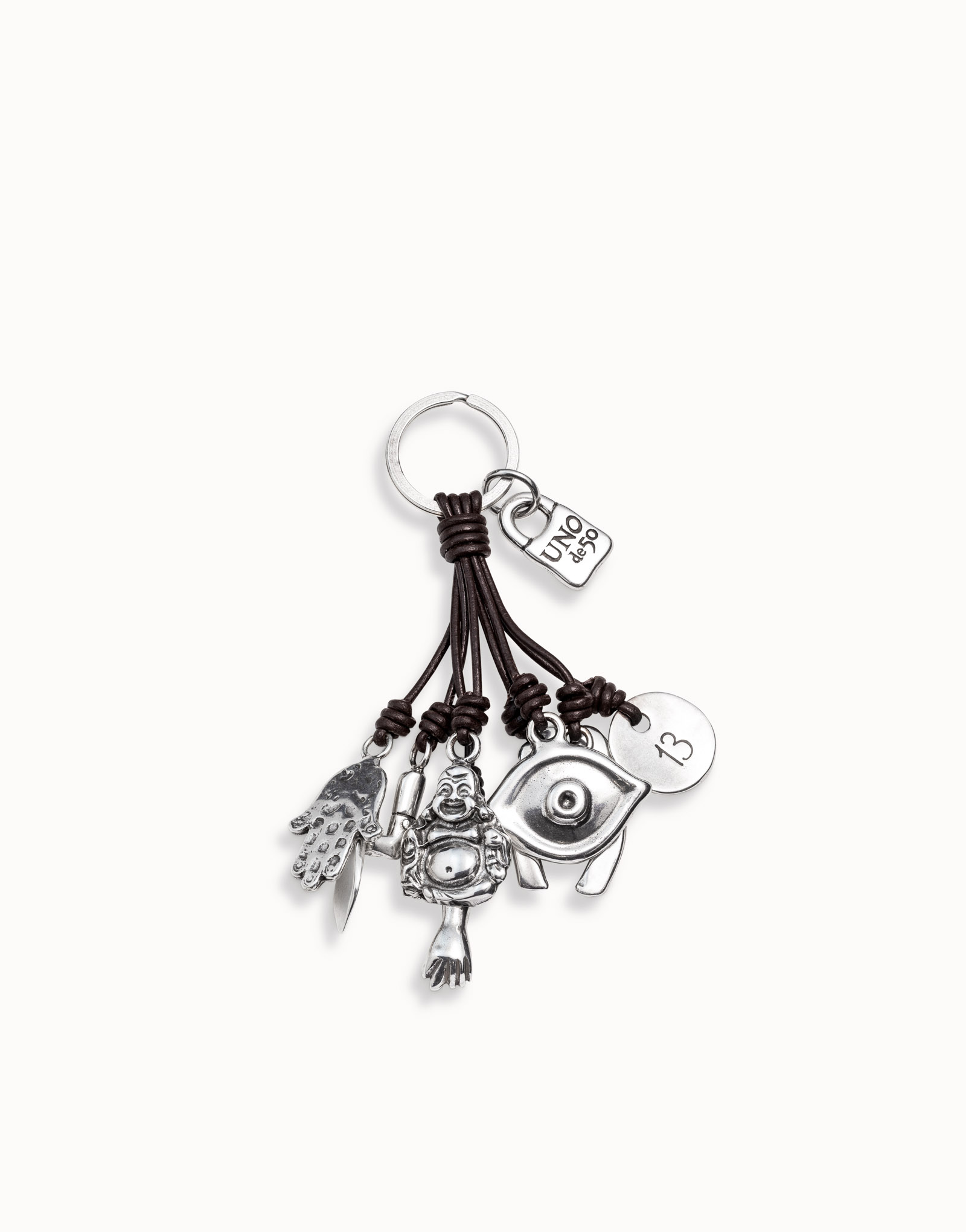 Leather key-ring and sterling silver-plated charms, Silver, large image number null