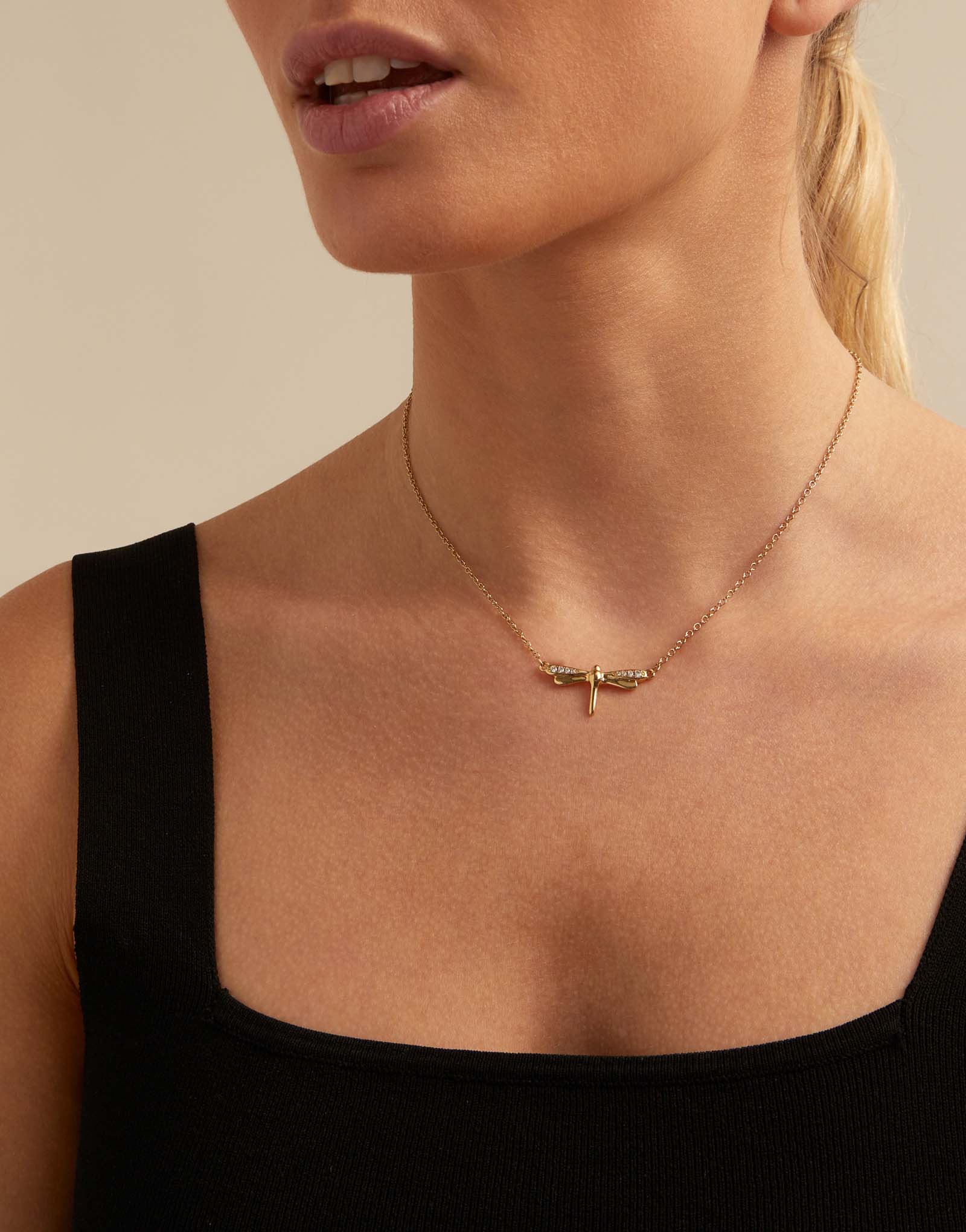 18K gold-plated small dragonfly shaped necklace with topaz, Golden, large image number null