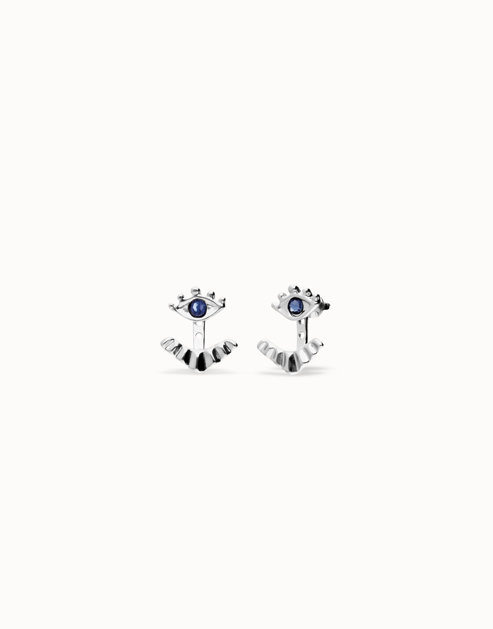 Pendientes bañados en plata en forma de ojo con pestañas y cristal facetado azul, Plateado, large thumbnail