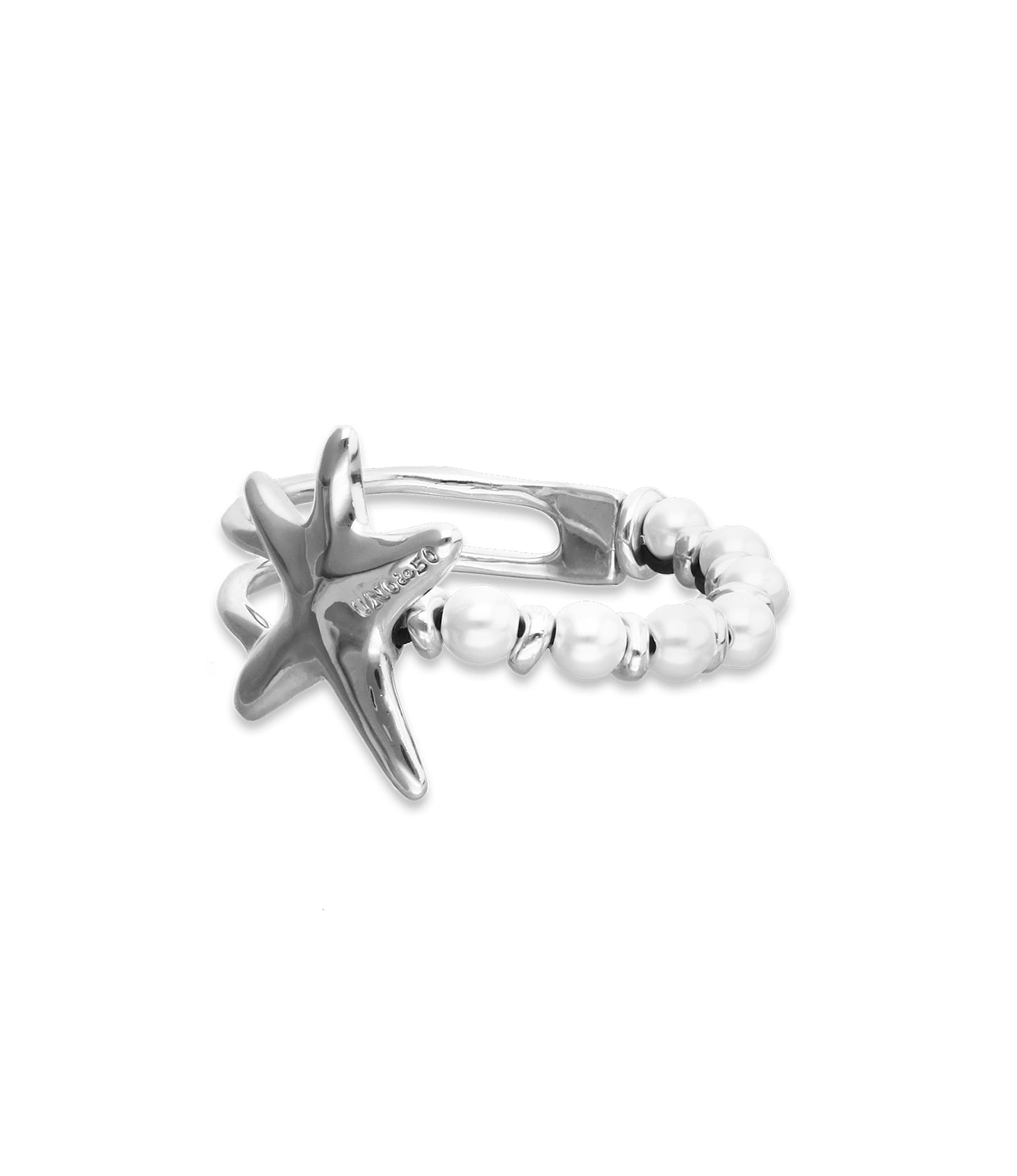 Pulsera semirr&iacute;gida ba&ntilde;ada en plata con perlas y estrella de mar