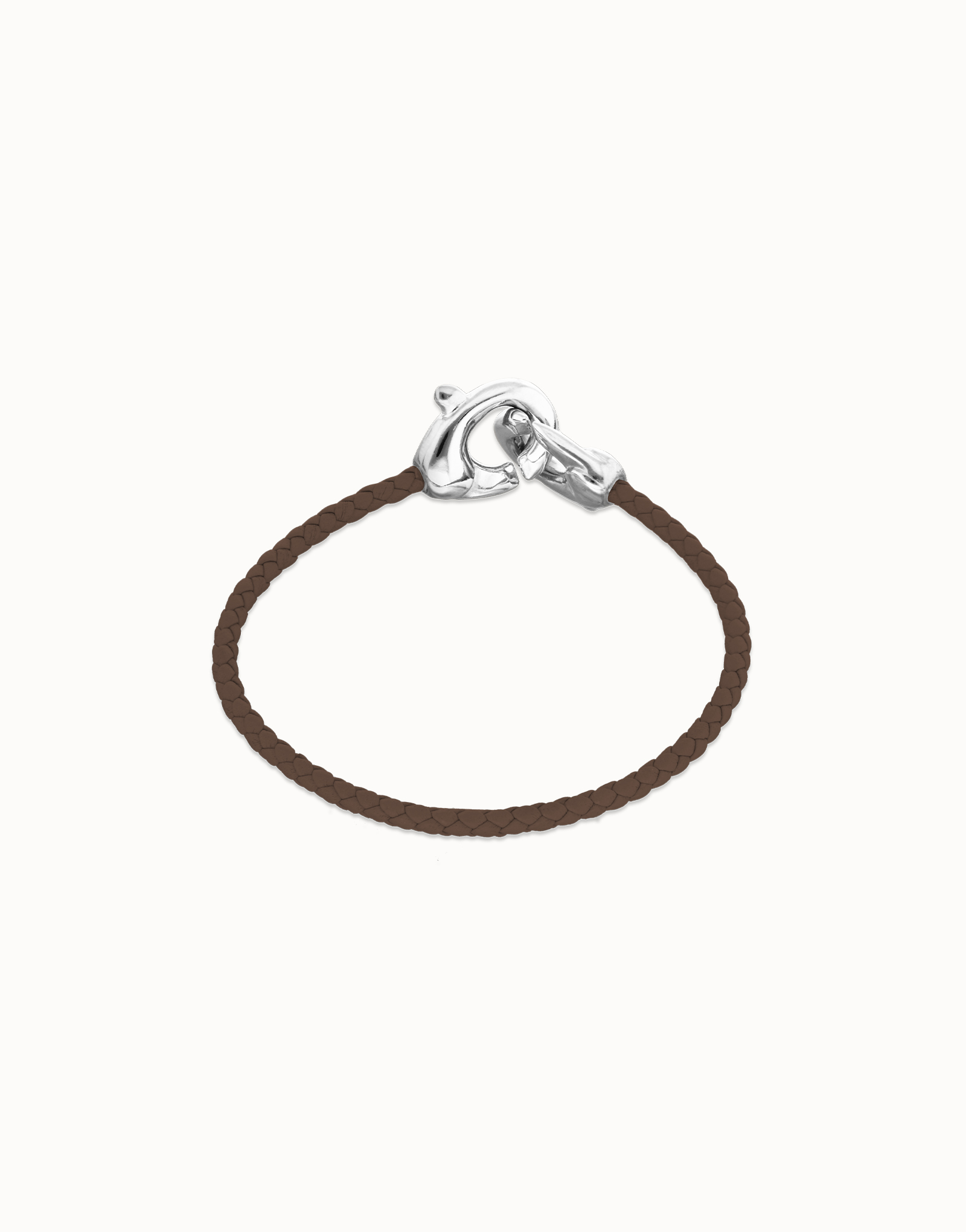 Brown leather bracelet with interlocking carabiner, Silver, large thumbnail
