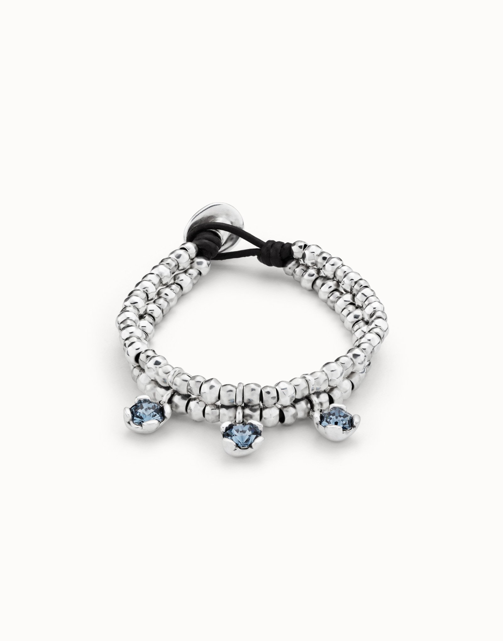 Sterling silver-plated bracelet with double strip of beads and 3 blue crystals, Silver, large image number null