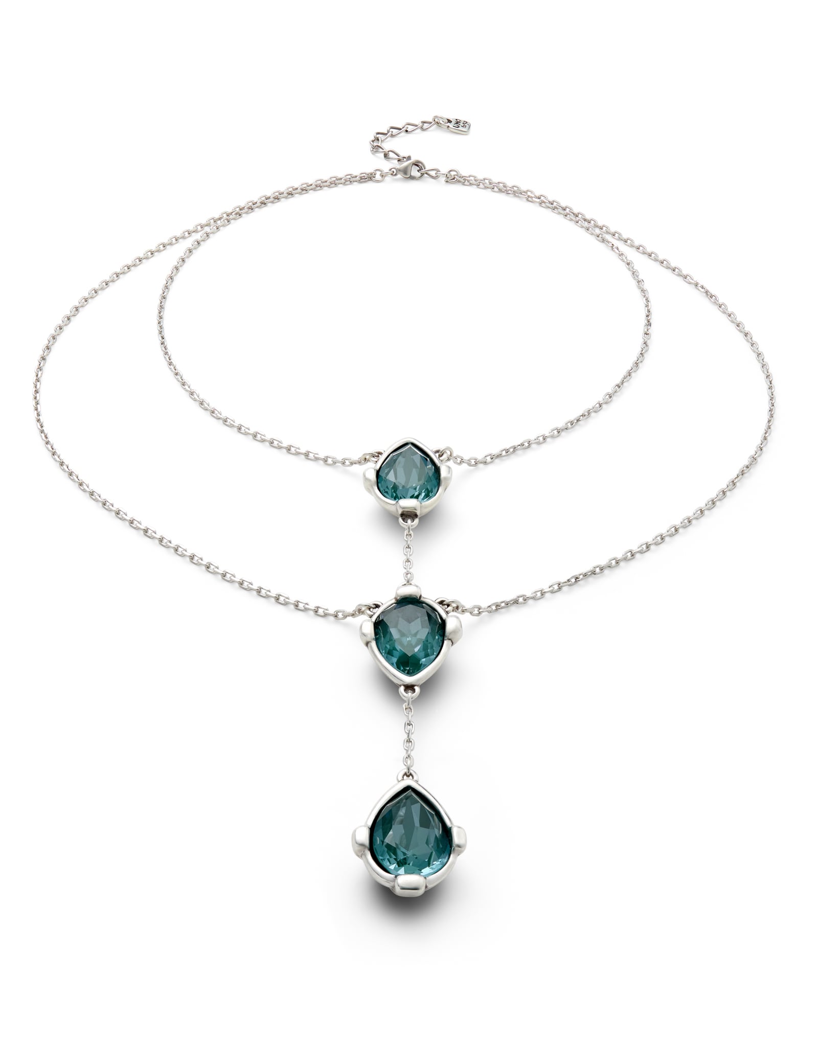 Double necklace with three drop-shaped pendants featuring green faceted crystals