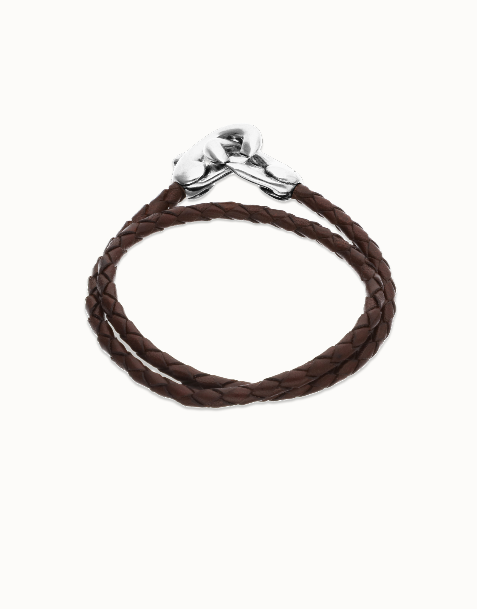 Pulsera de cuero doble marrón con mosquetón entrelazado en plata, Plateado, large thumbnail