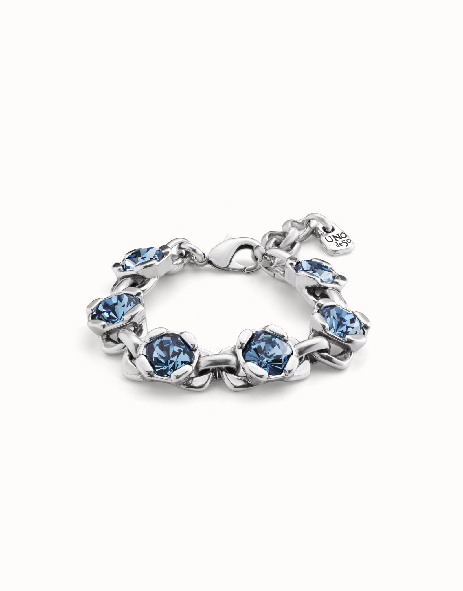 Sterling silver-plated bracelet with 7 hexagonal crystals, carabiner clasp and extension, Silver, large image number null