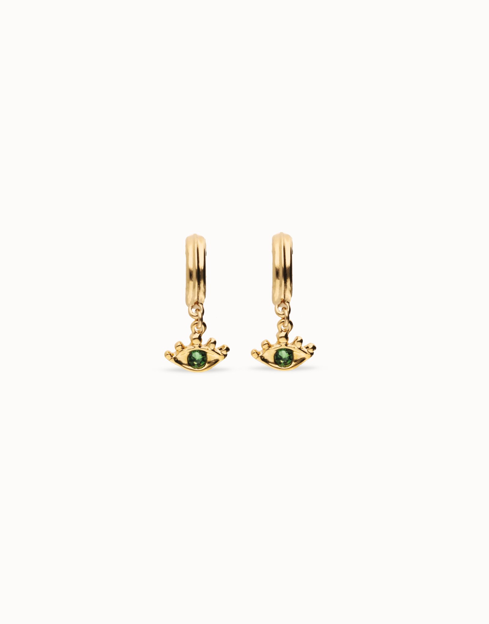 Pendientes de aro bañados en oro 18k con forma de ojo y cristal facetado verde, Dorado, large thumbnail