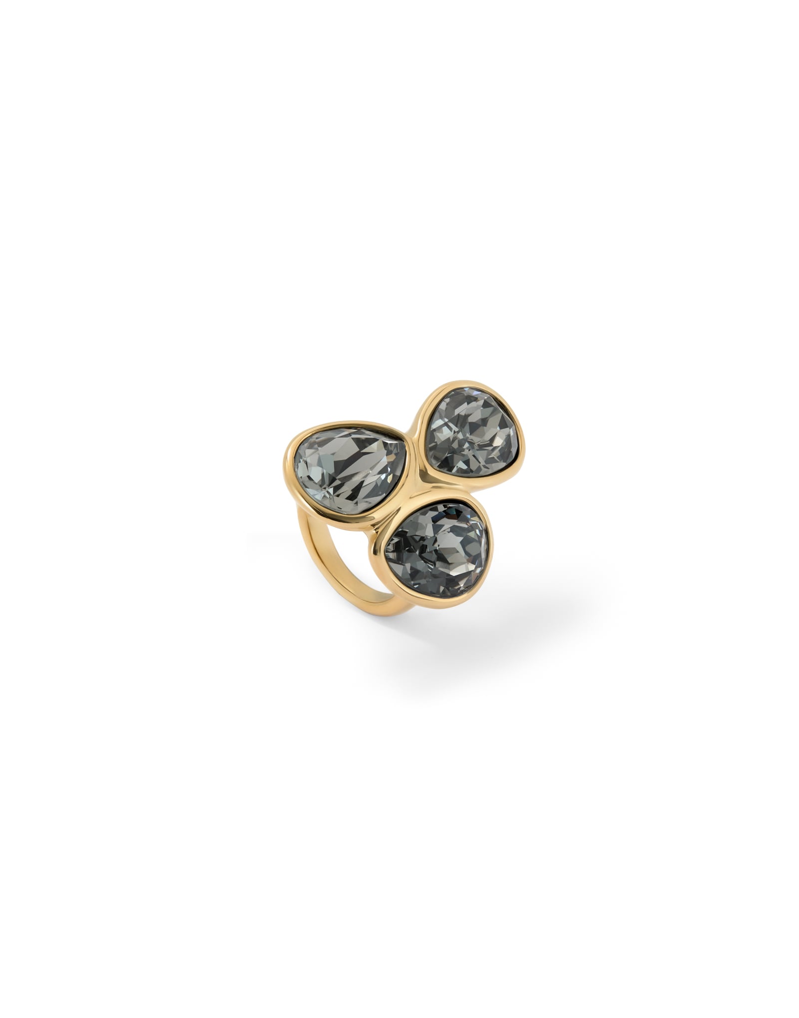 Ring with three grey drop-shaped faceted crystals