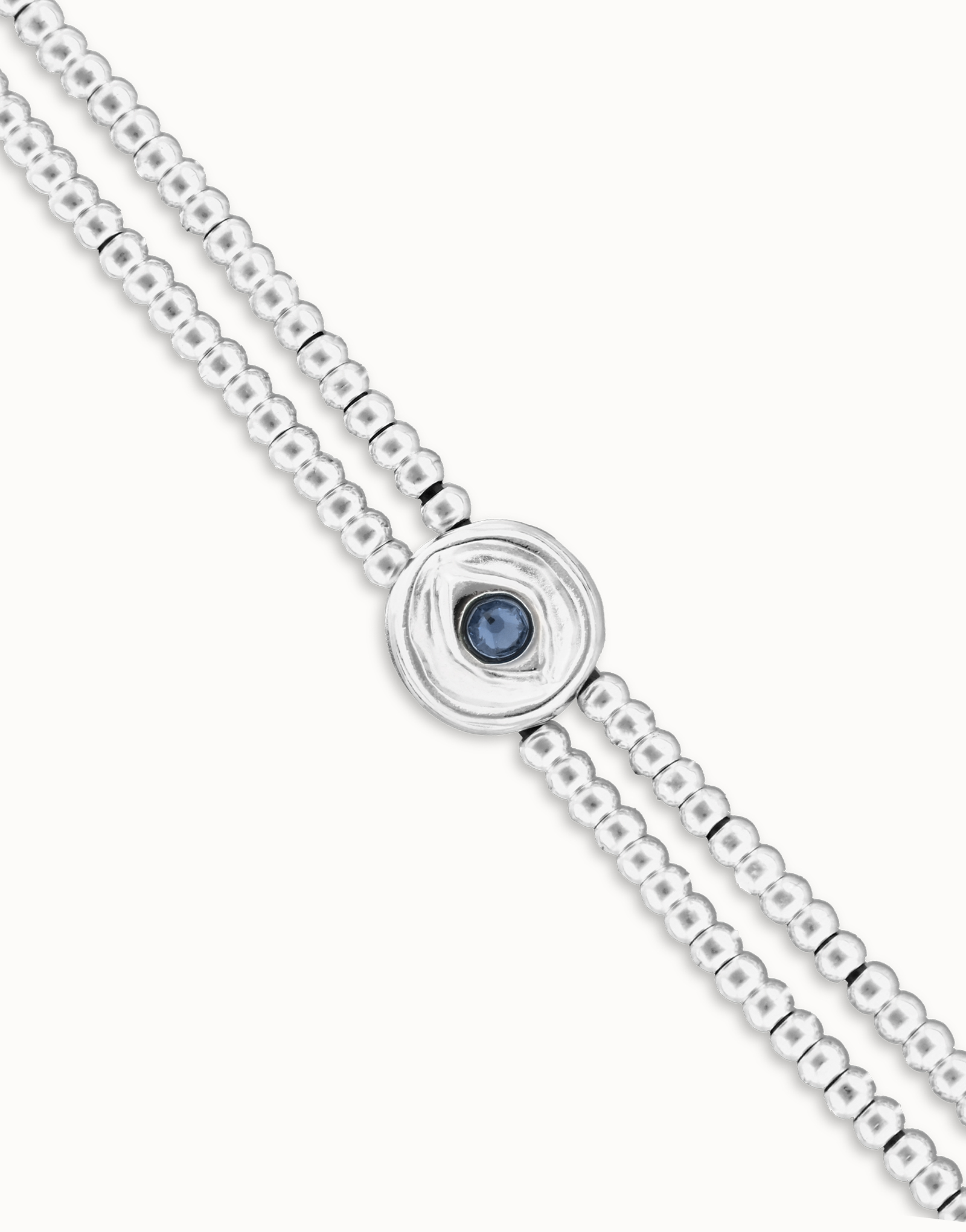 Pulsera de bolas doble bañada en plata de ley con detalle de ojo y cristal azul, Plateado, large thumbnail