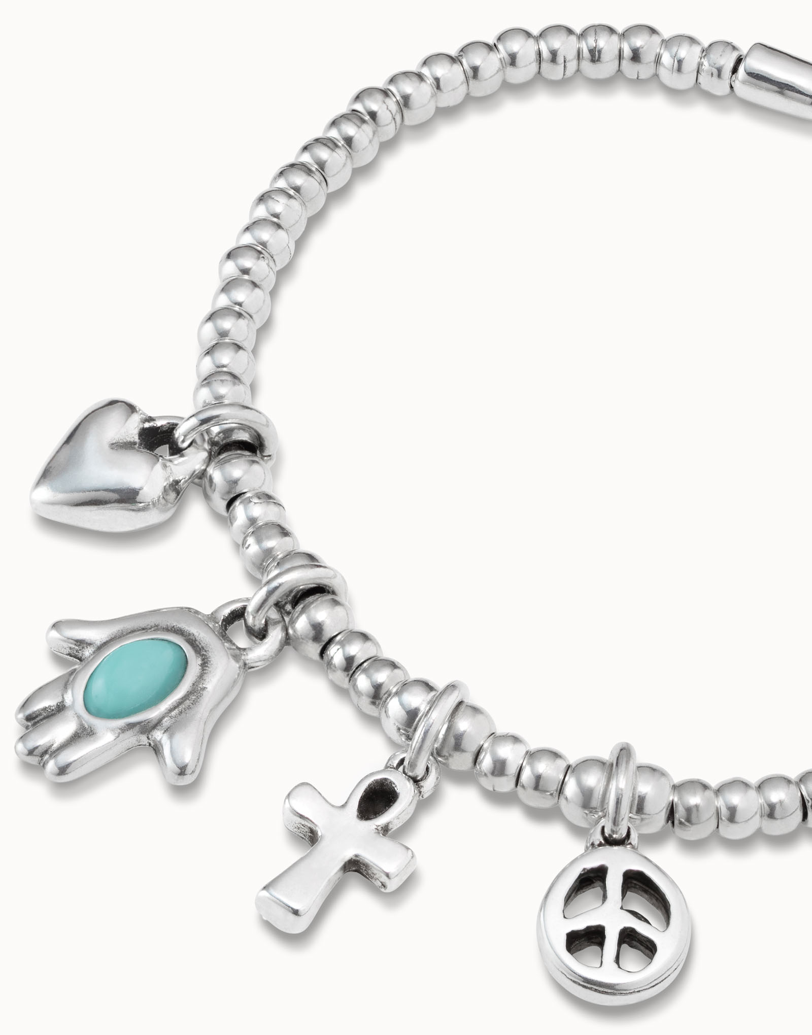 Sterling silver-plated bracelet with bead chain, 4 charms and carabiner clasp, , large image number null