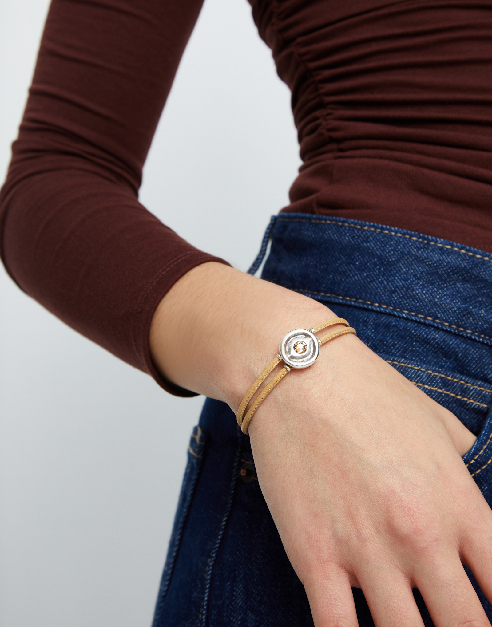 Double cream leather birthstone bracelet with eye, Silver, large thumbnail