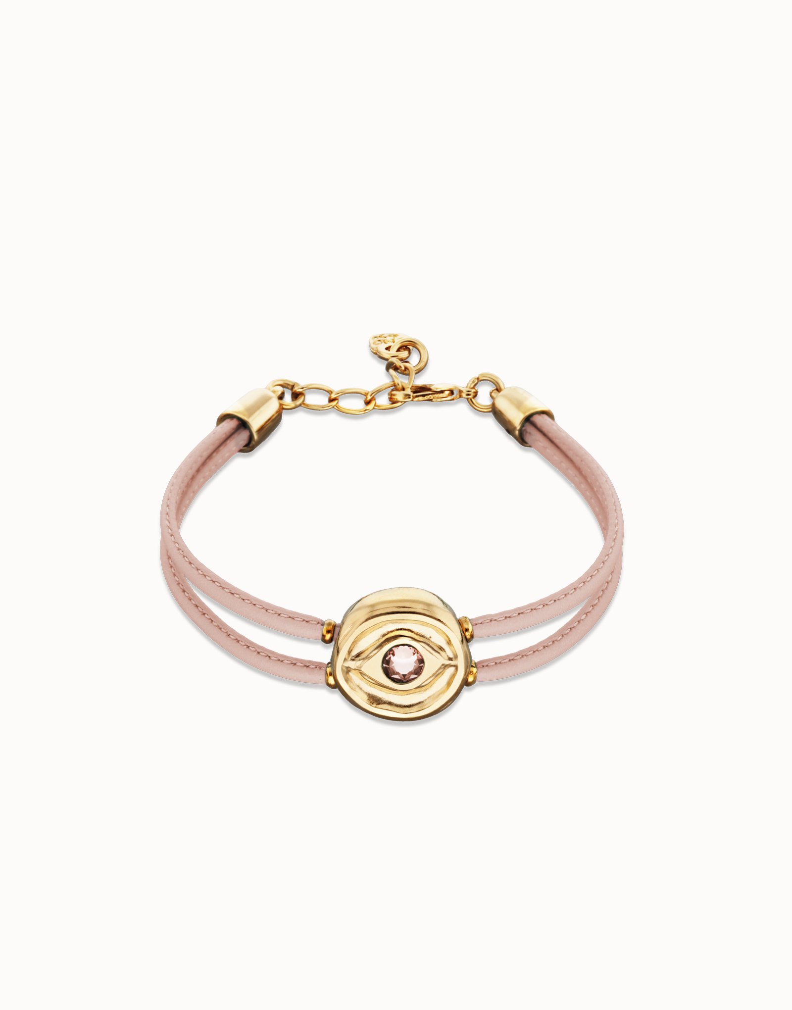 Pulsera doble de cuero rosa con ojo bañado en oro 18k, Dorado, large thumbnail