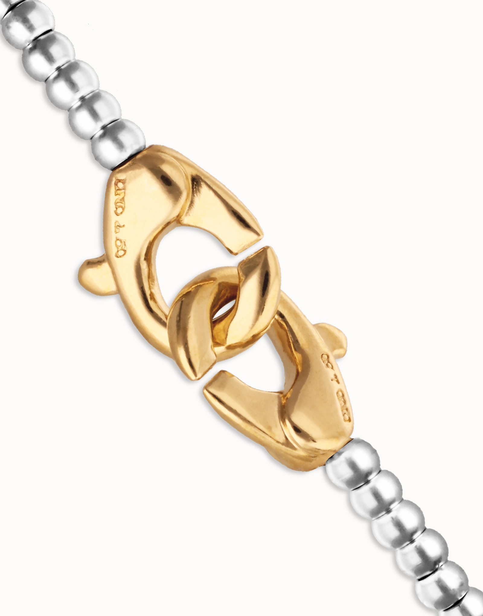 Pulsera de bolas pequeñas bañada en oro con mosqueton entrelazado en oro, Plateado, large thumbnail