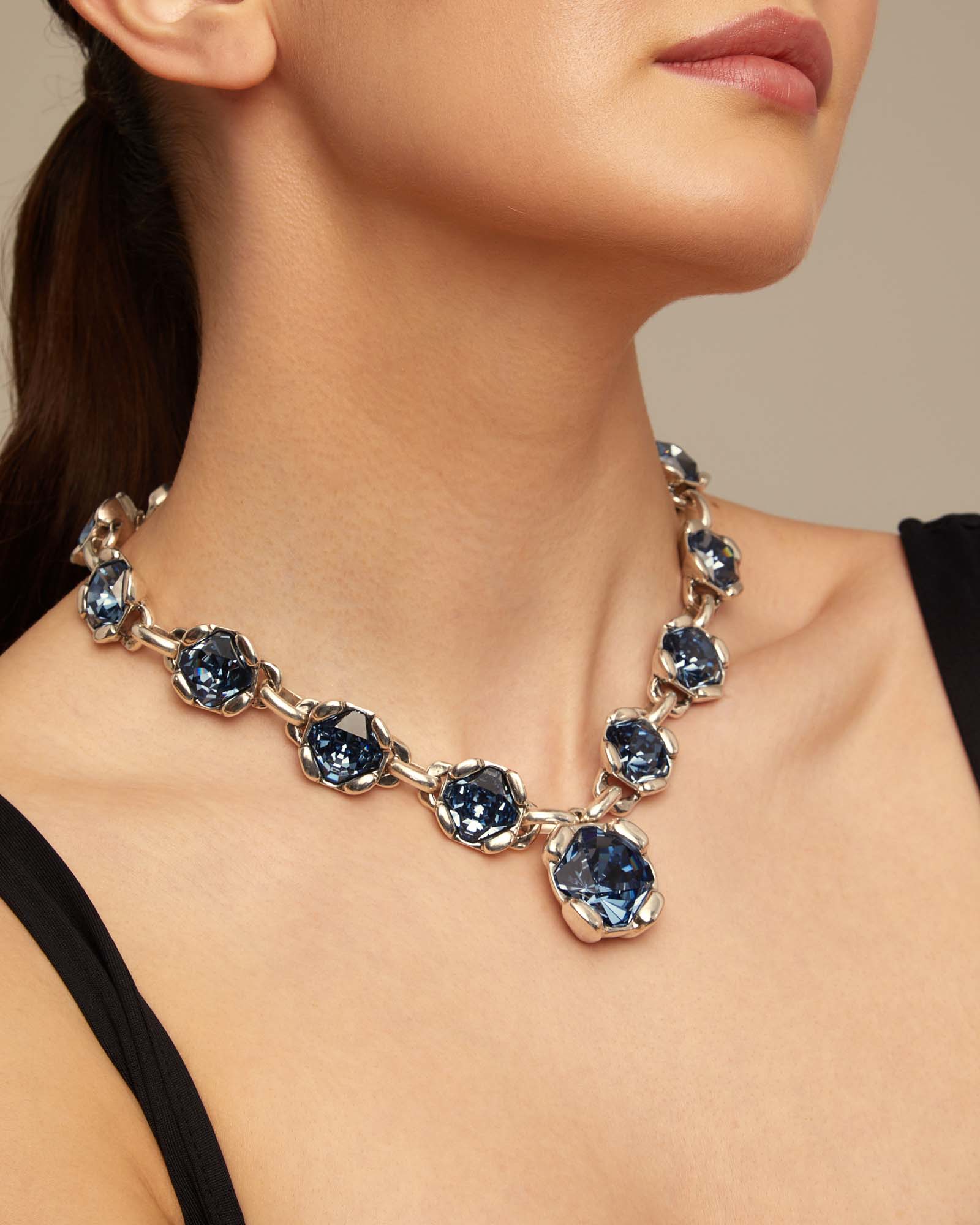 Sterling silver-plated necklace with 12 faceted blue crystals., Silver, large image number null