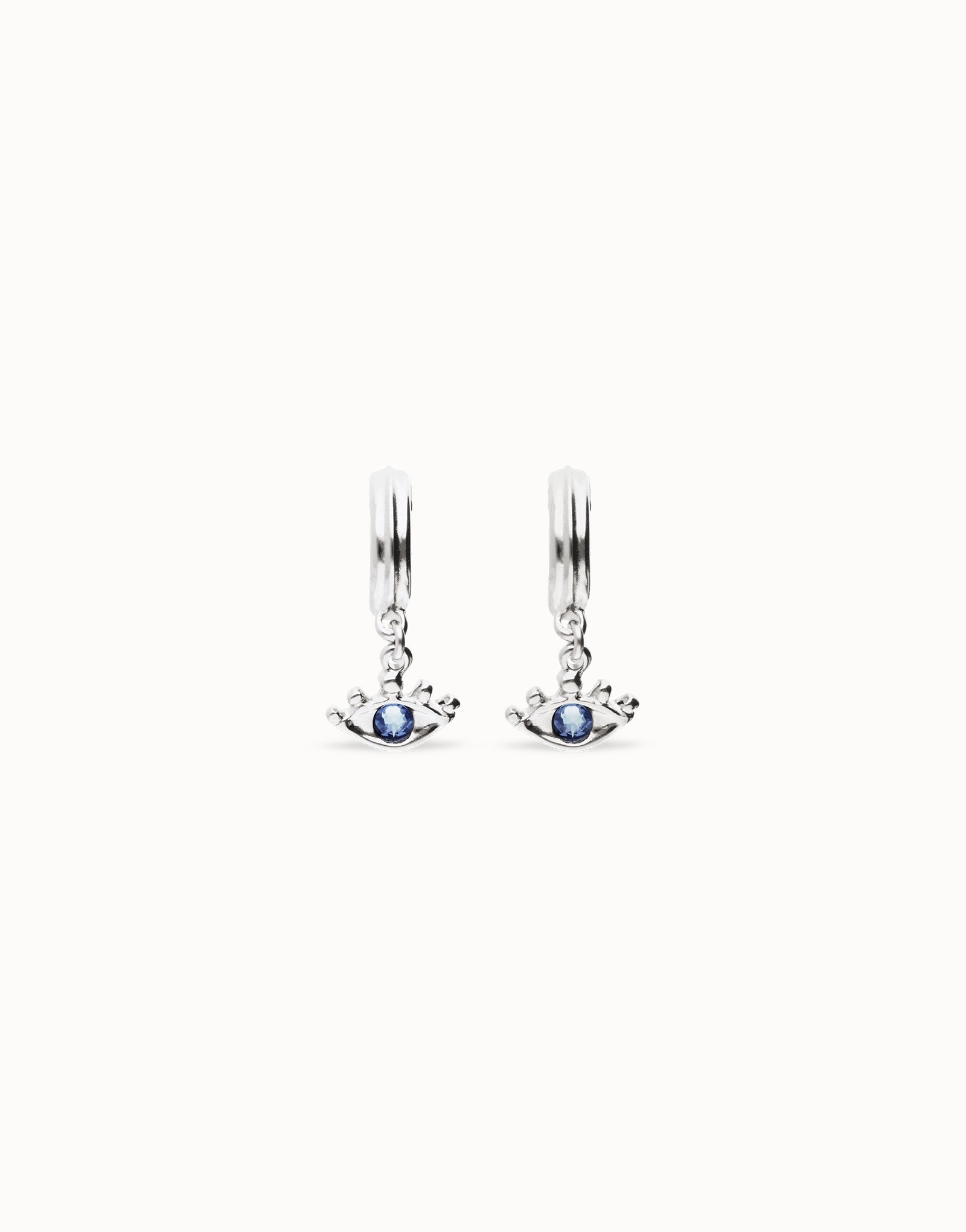 Pendientes de aro bañados en plata de ley con forma ojo y cristal facetado azul, Plateado, large thumbnail