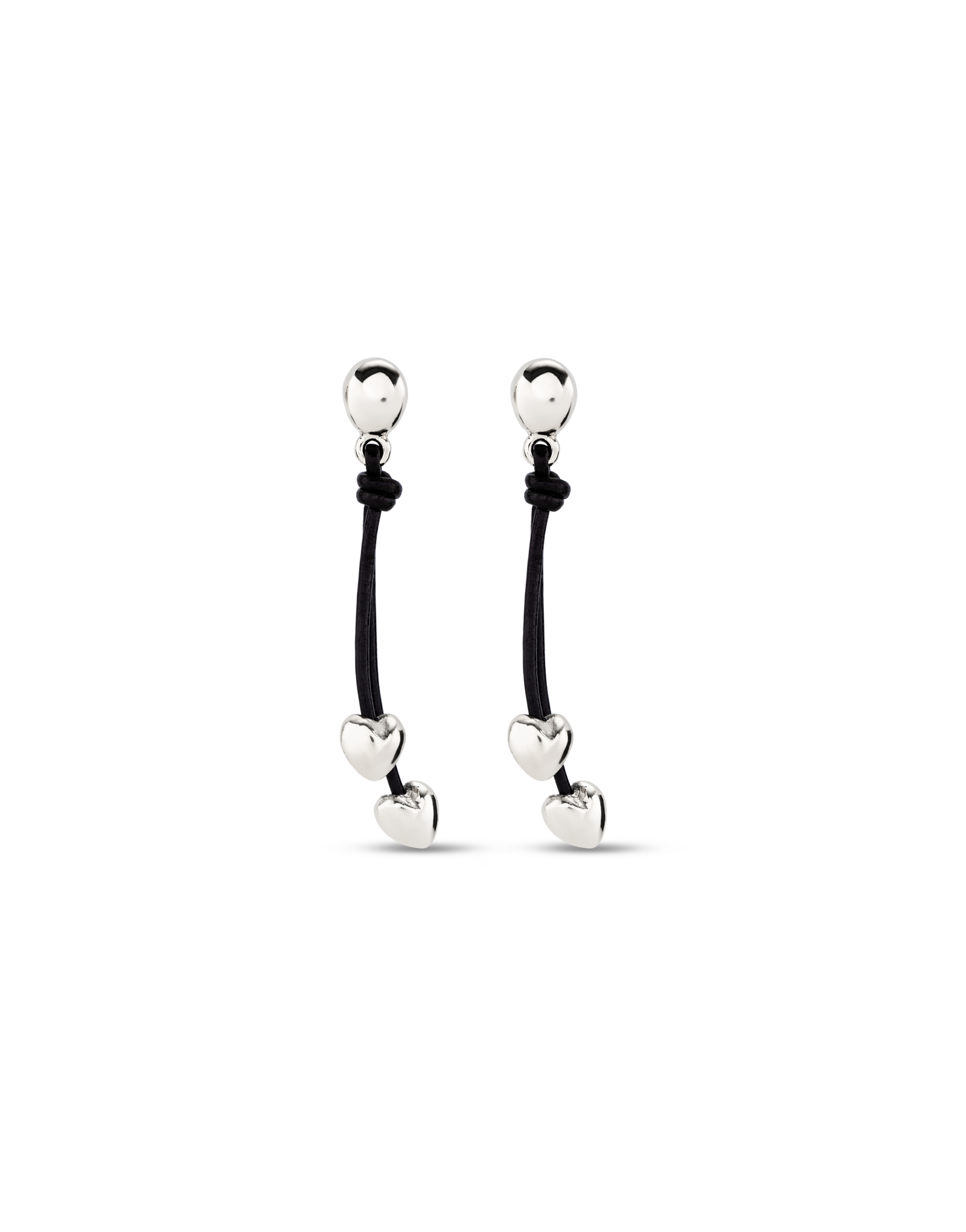 Earrings with leather chain pendant and two small sterling silver-plated hearts, Silver, large image number null