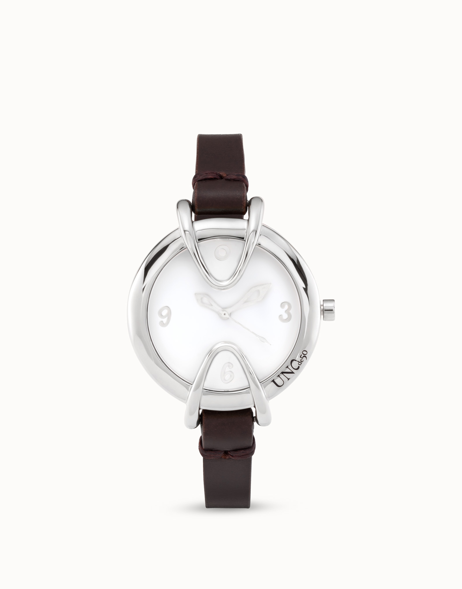 Sterling silver-plated watch with black leather strap and round white dial, Silver, large image number null