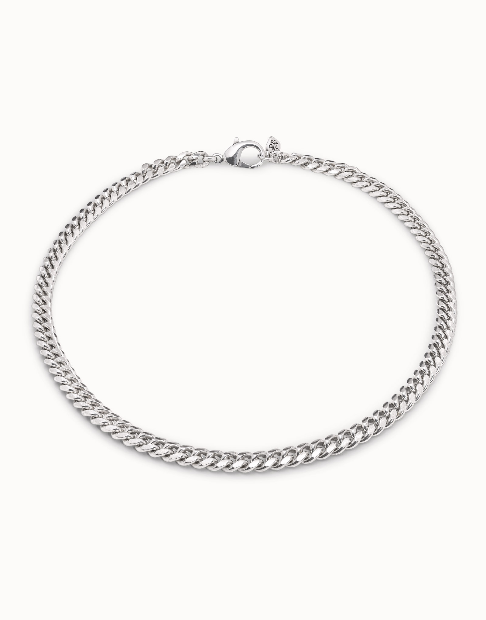 Silver-plated necklace with flattened curb chain and carabiner clasp, Silver, large image number null