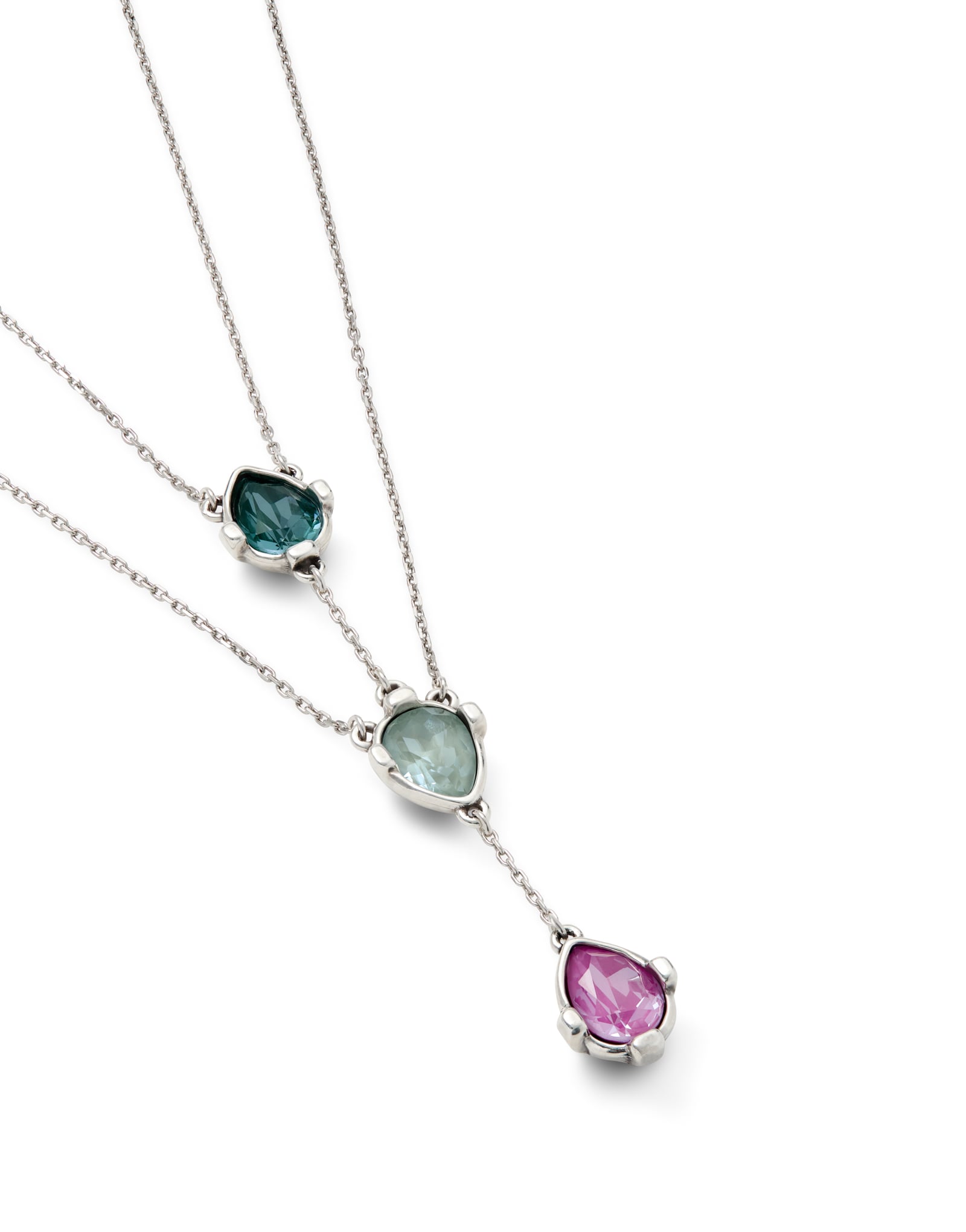 Double necklace with three drop-shaped pendants featuring multicoloured faceted crystals