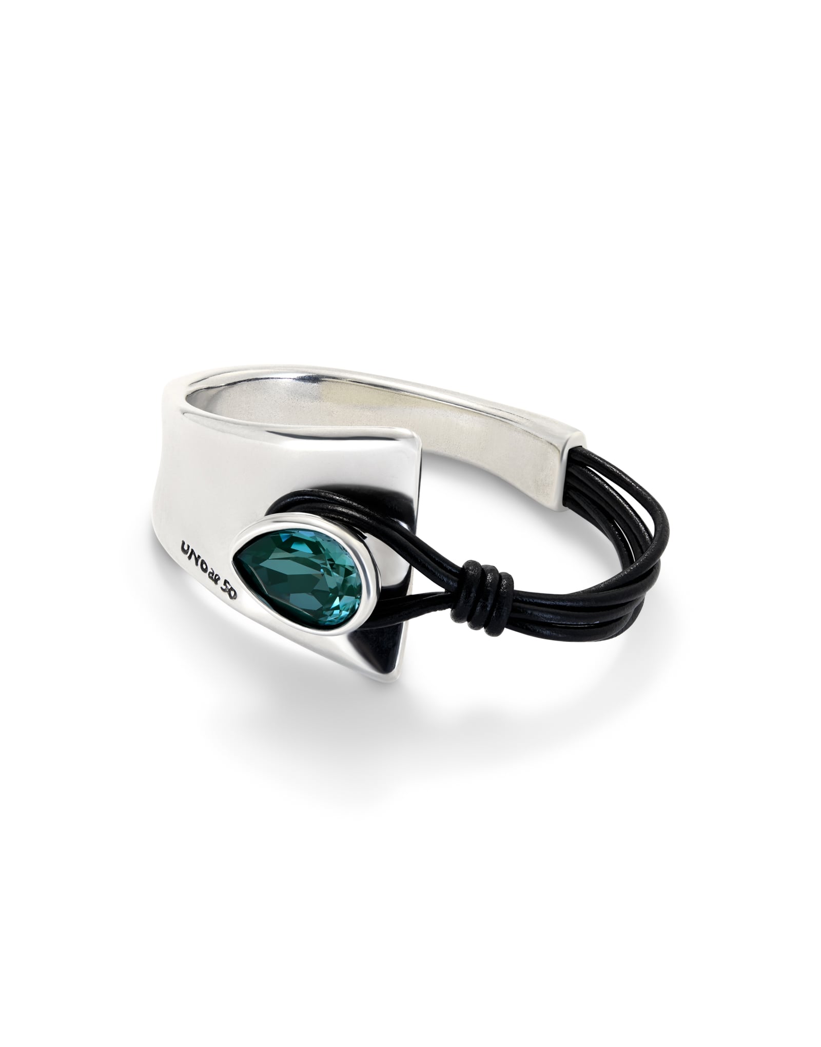 Silver semi-rigid bracelet with leather and a green drop-shaped faceted crystal