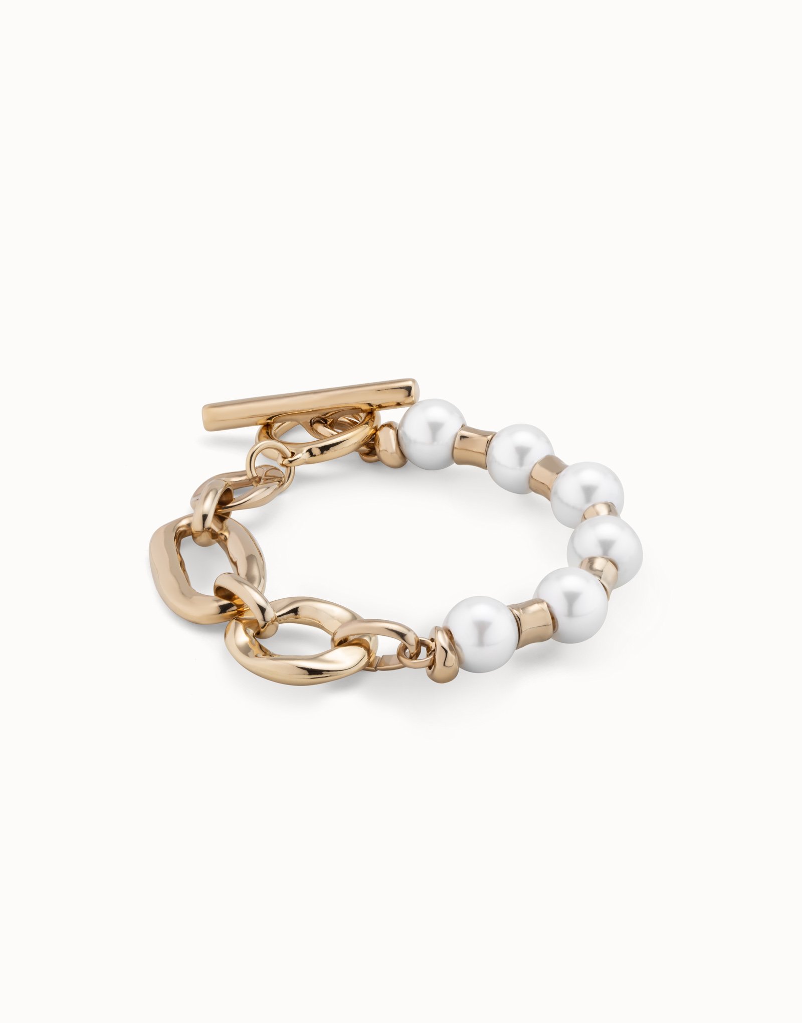 18K gold-plated bracelet with a combination of different link types and pearls, Golden, large image number null