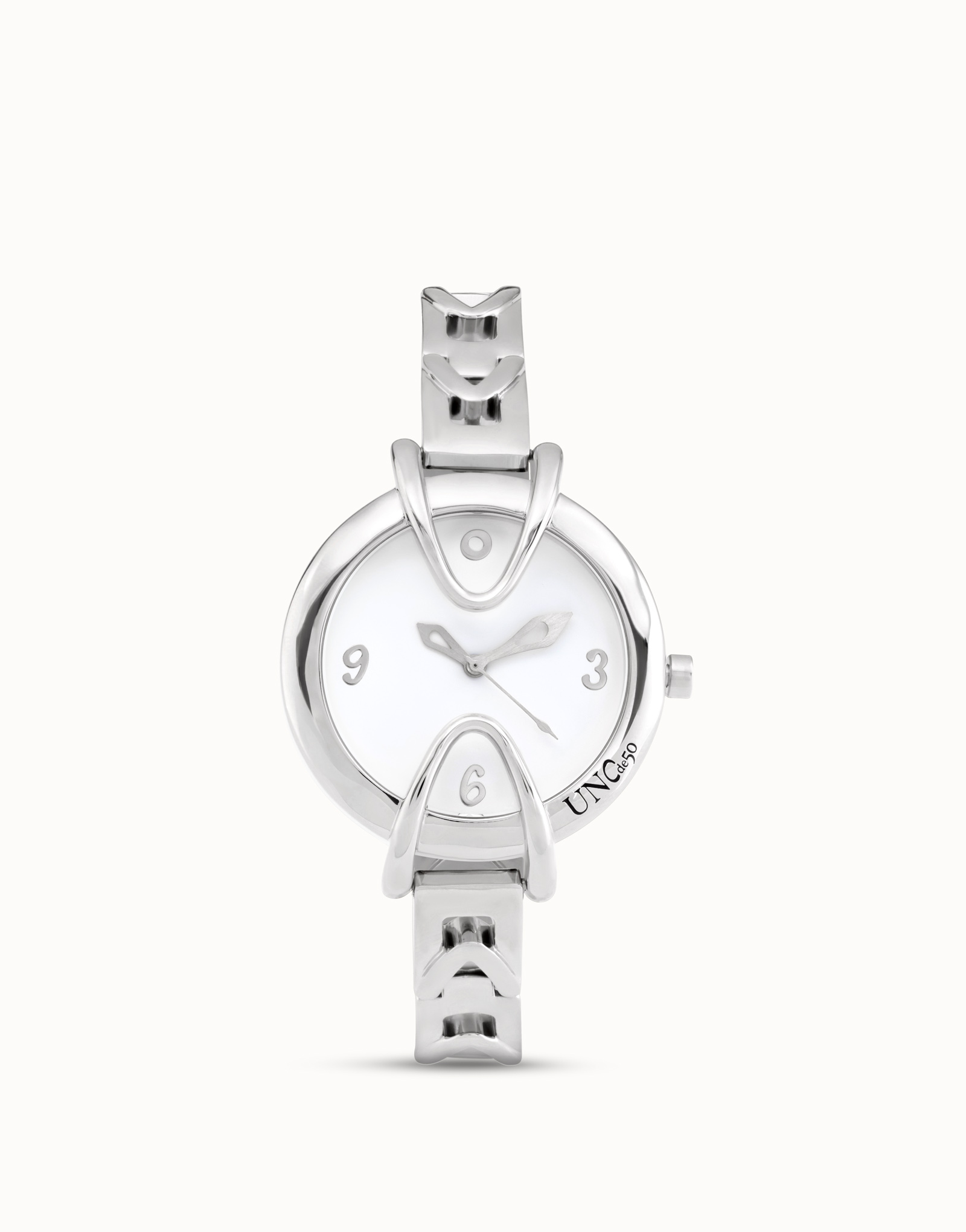 Sterling silver-plated watch with metal strap and round white dial, Silver, large image number null