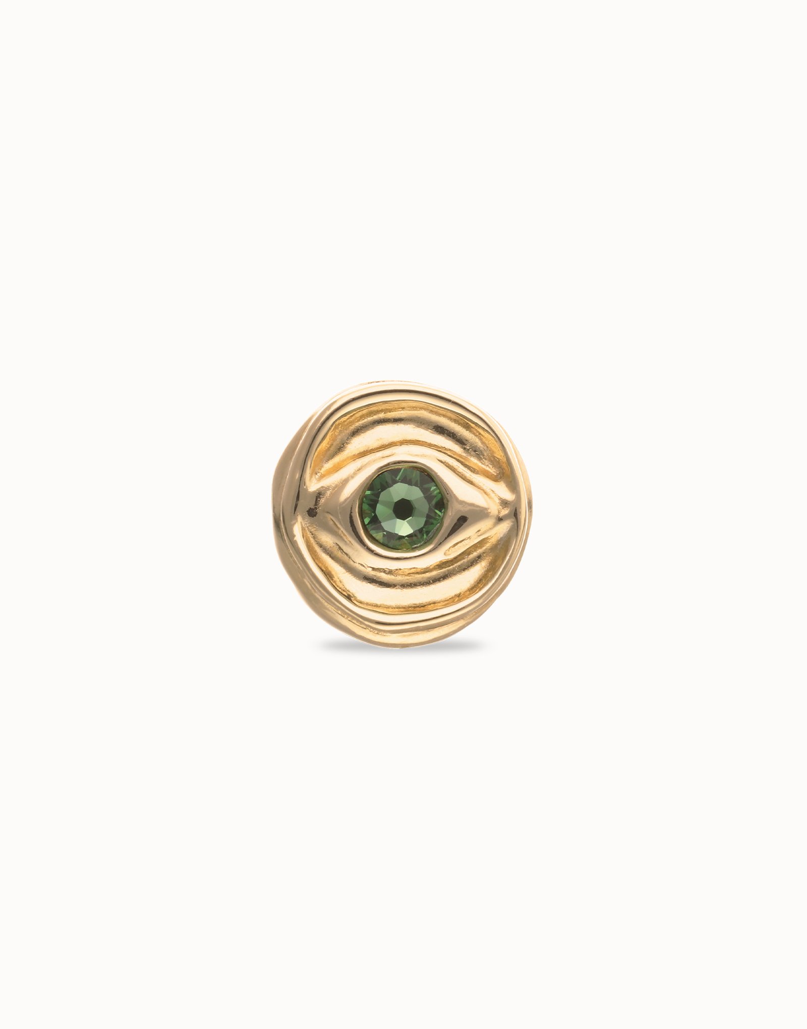 Anillo tipo sello bañado en oro 18k y forma de ojo con cristal facetado verde, Dorado, large thumbnail
