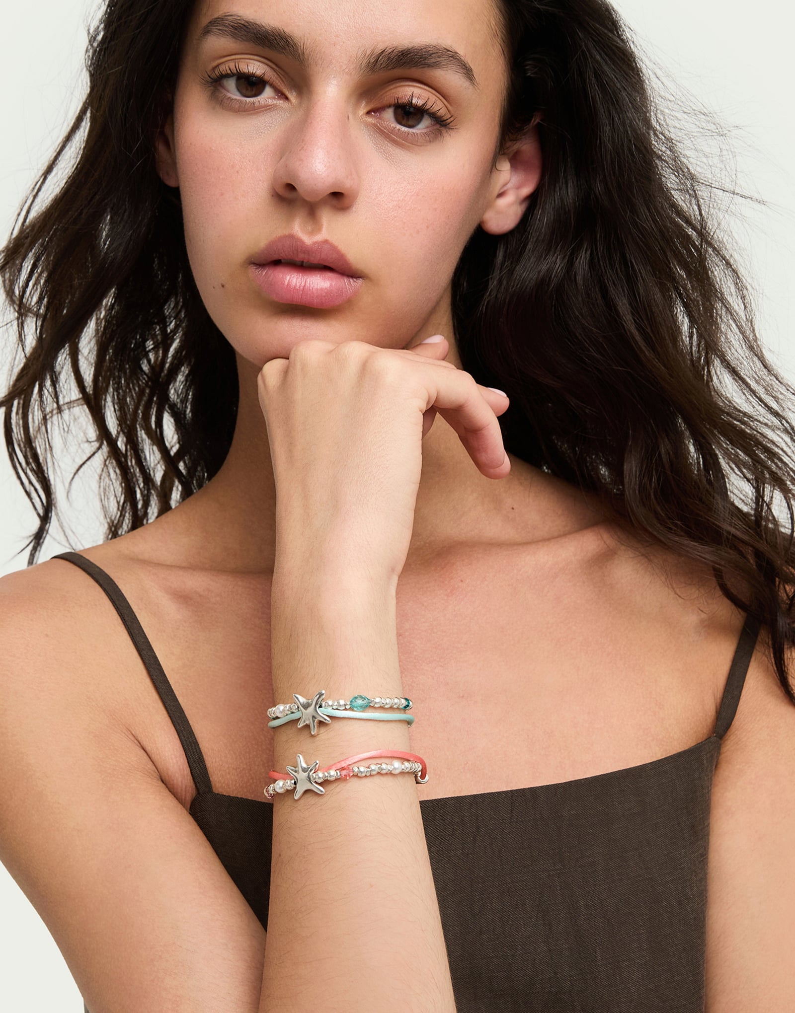 Orange silk thread and metal bracelet with starfish